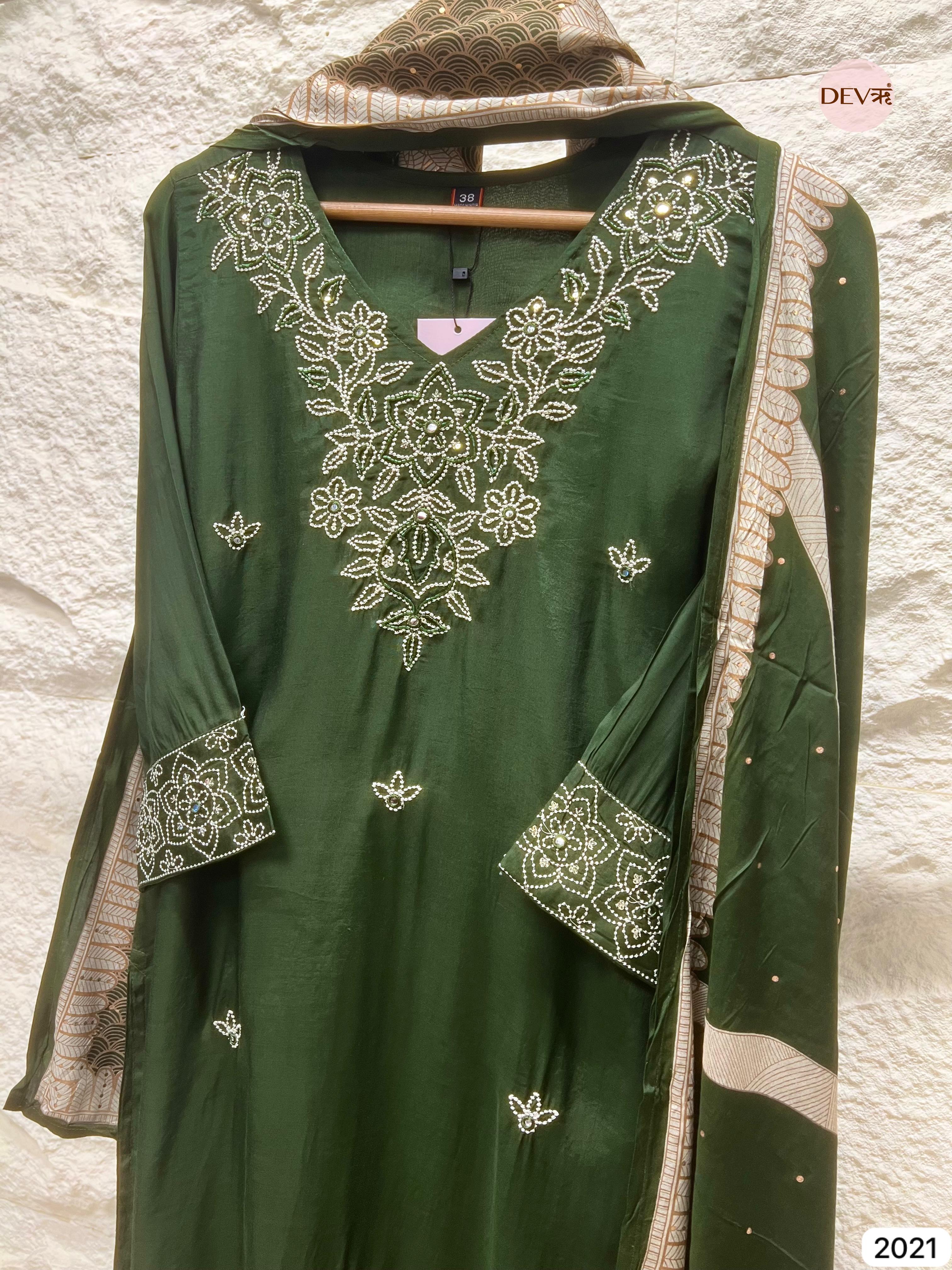 Olive Green Embroidered Muslin 3-Piece Set - {2021}