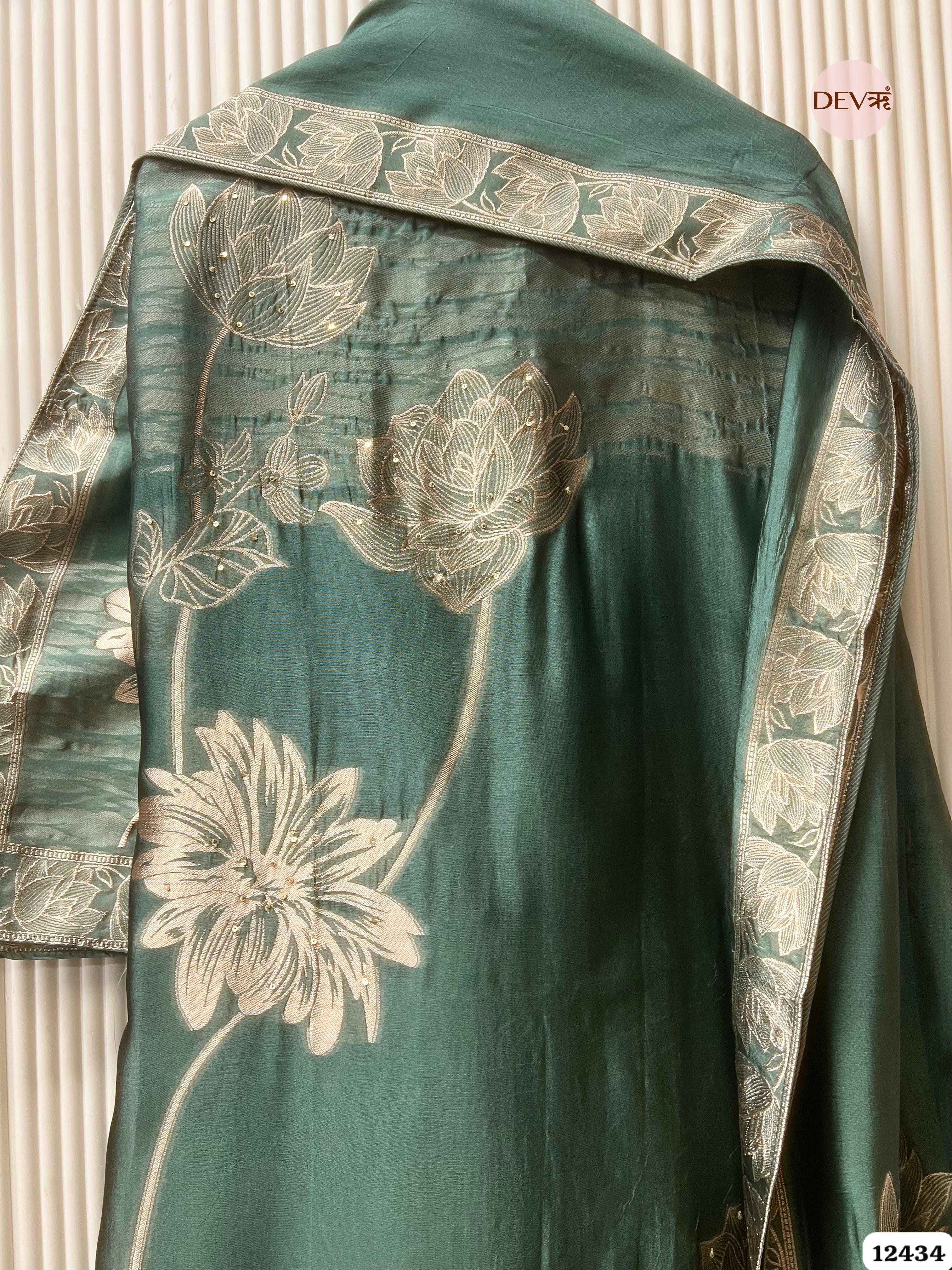 Deep Teal Banarasi Silk Embroidered Unstitched 3-Piece Suit (Devri – D.No. 12434 )