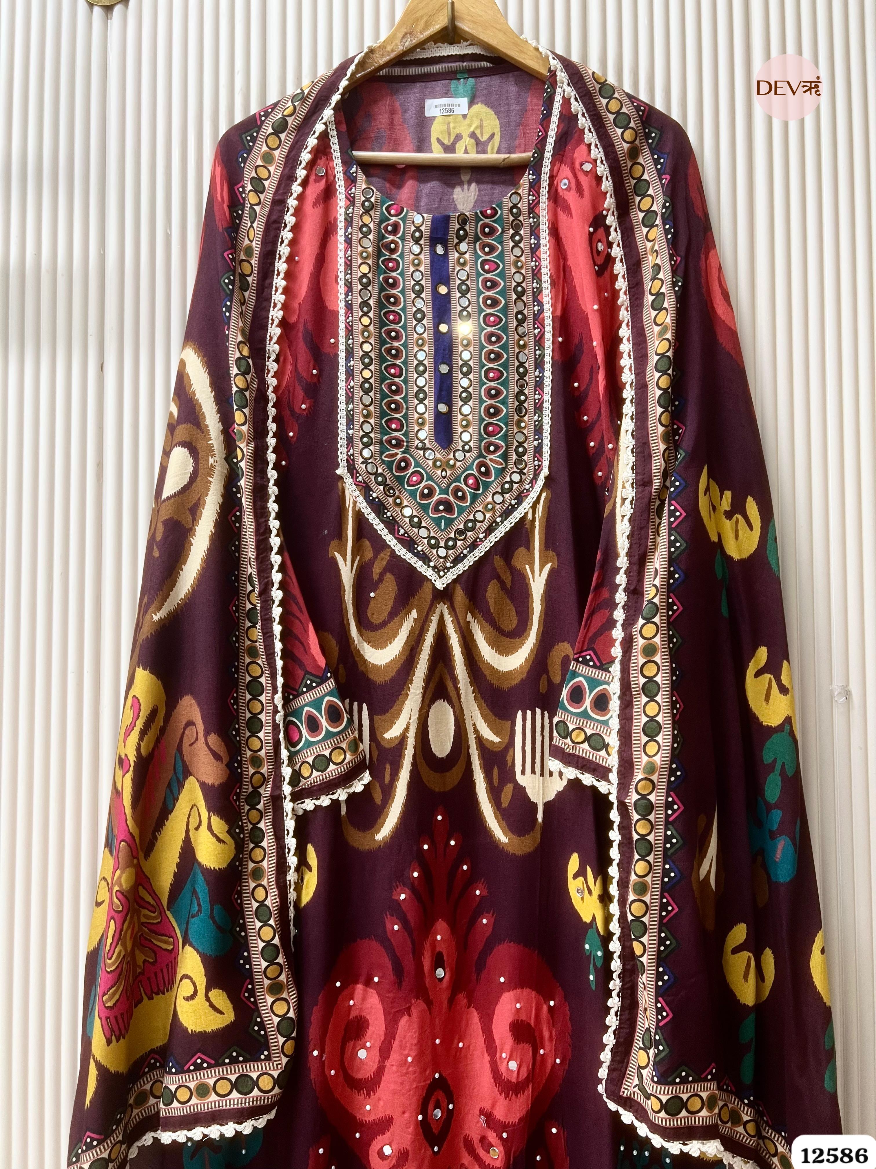 Deep Wine Muslin Printed Unstitched 3-Piece Suit (Devri – D.No 12586)