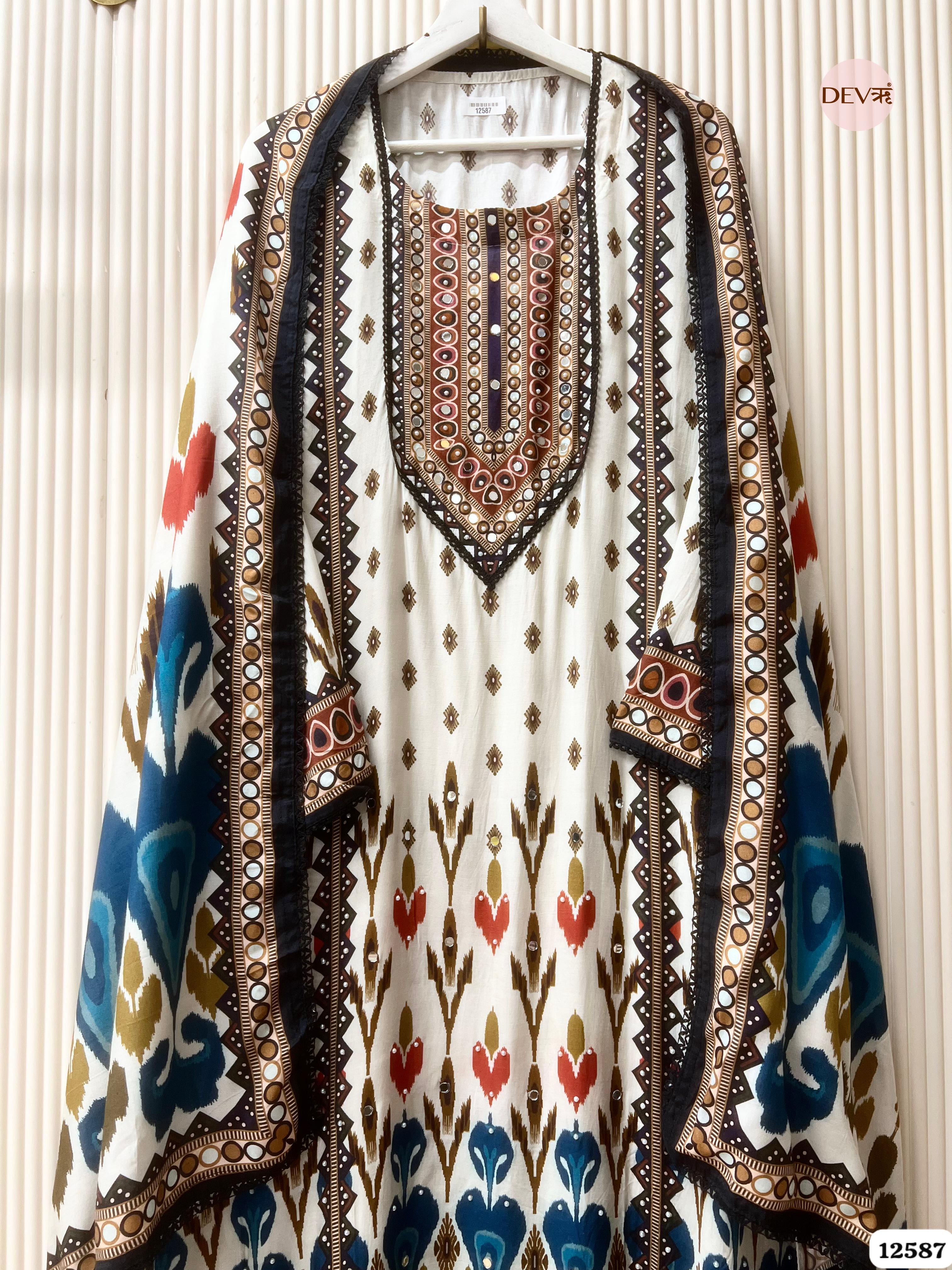 White Muslin Printed Unstitched 3-Piece Suit (Devri – D.No 12587)