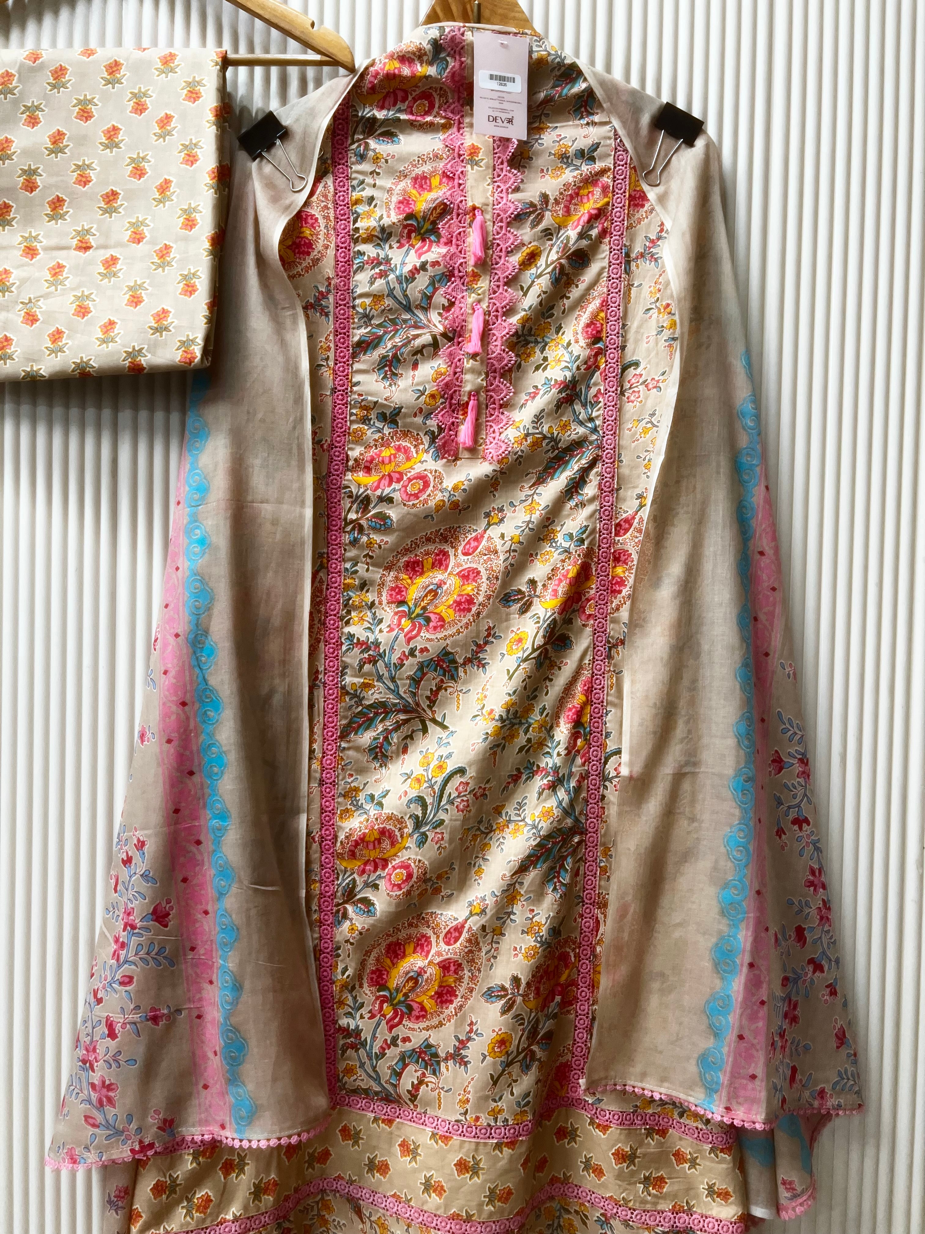 Beige Cotton Floral Printed Unstitched 3-Piece Suit (Devri – D.No 12635)