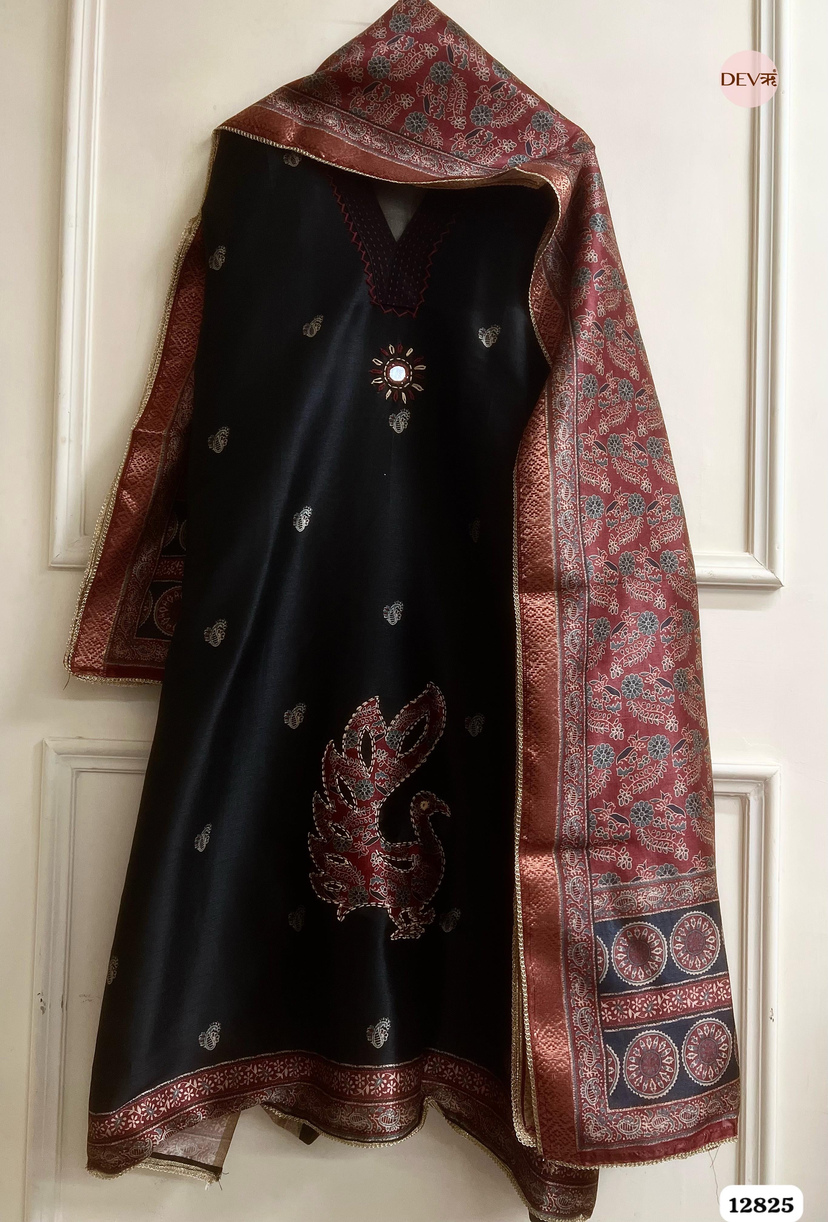 Black chanderi silk printed Unstitched 3-Piece Suit (Devri – D.No12825)