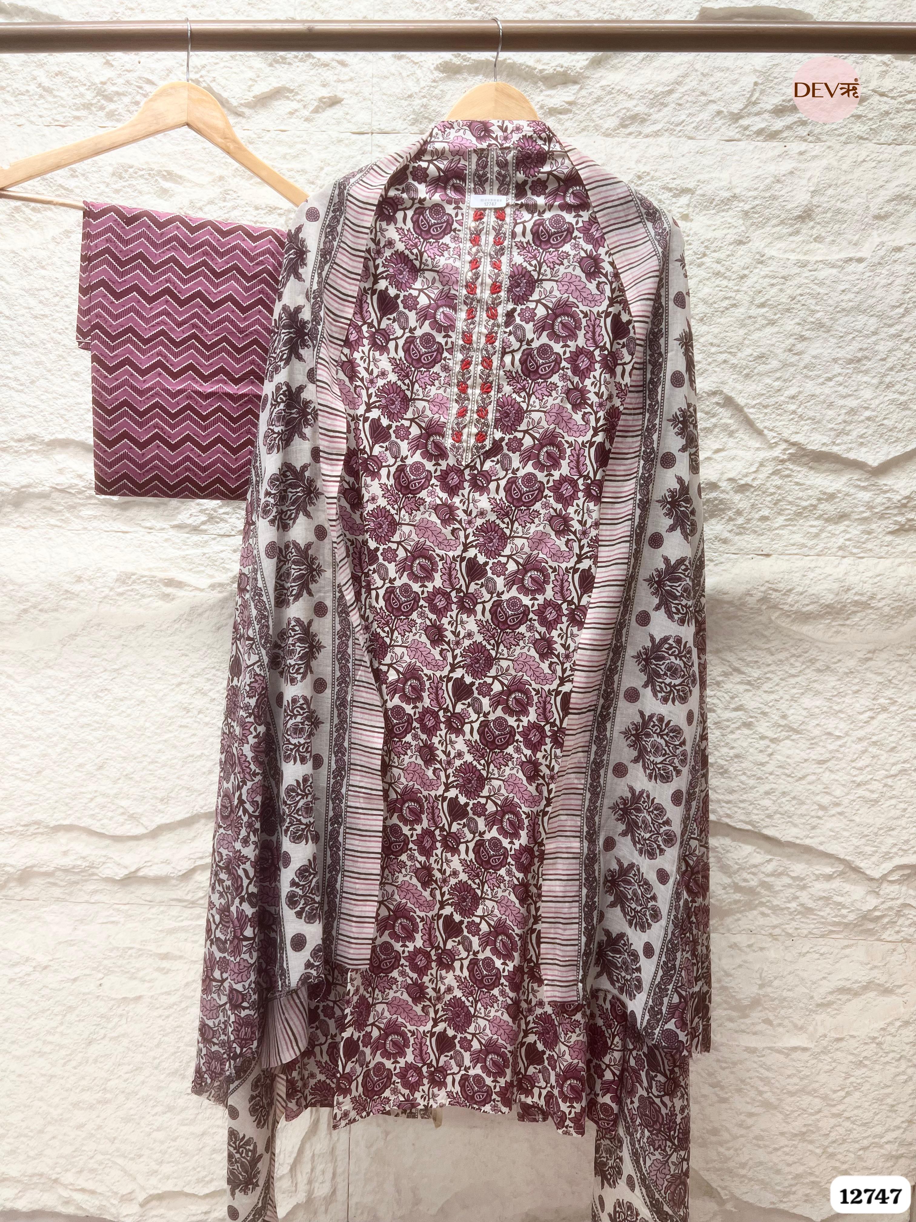 Mauve Cotton Printed Unstitched 3-Piece Suit (Devri – D.No 12747)