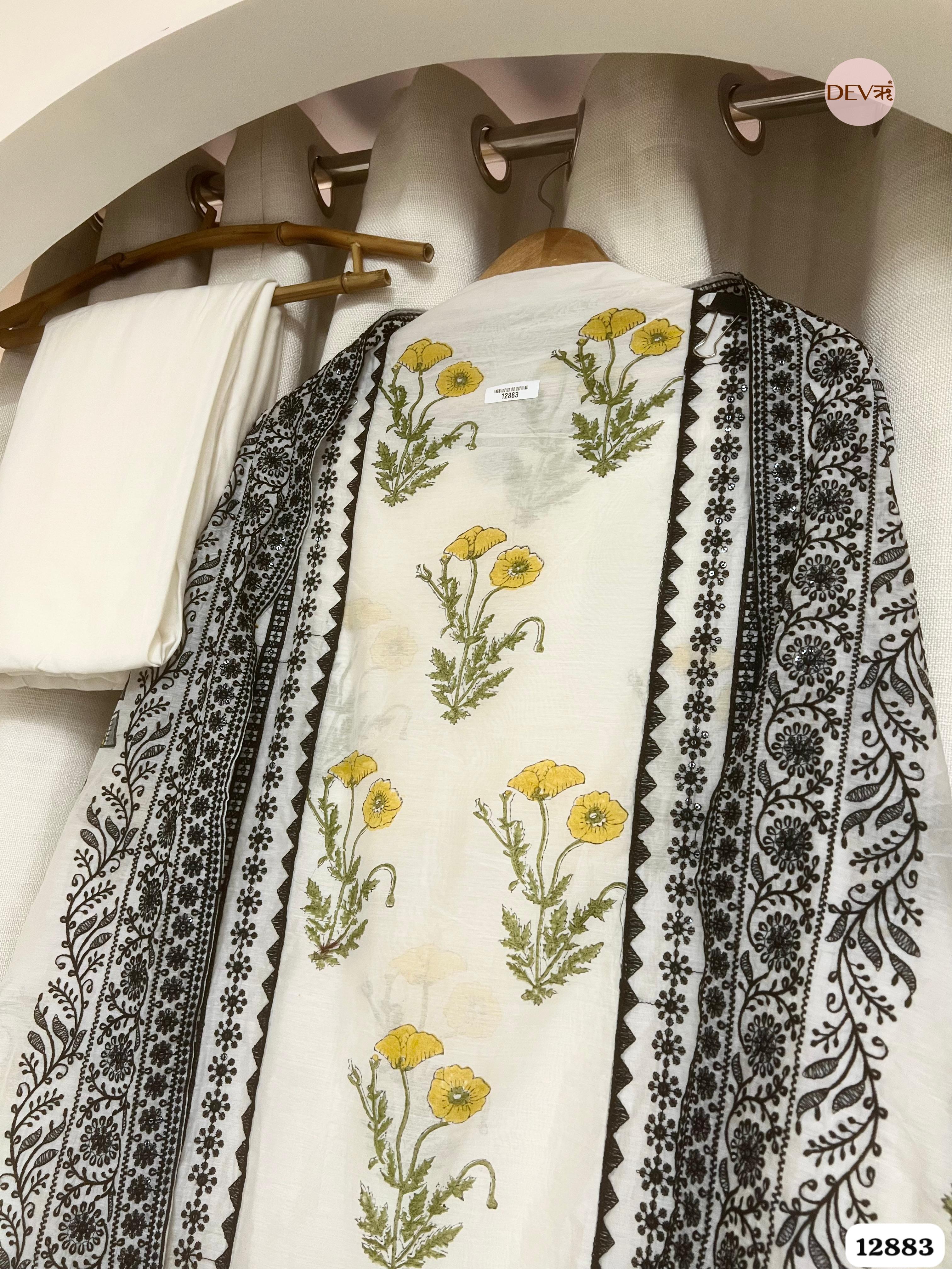 White Mul Chanderi Printed Unstitched 3-Piece Suit (Devri – D.No 12883)