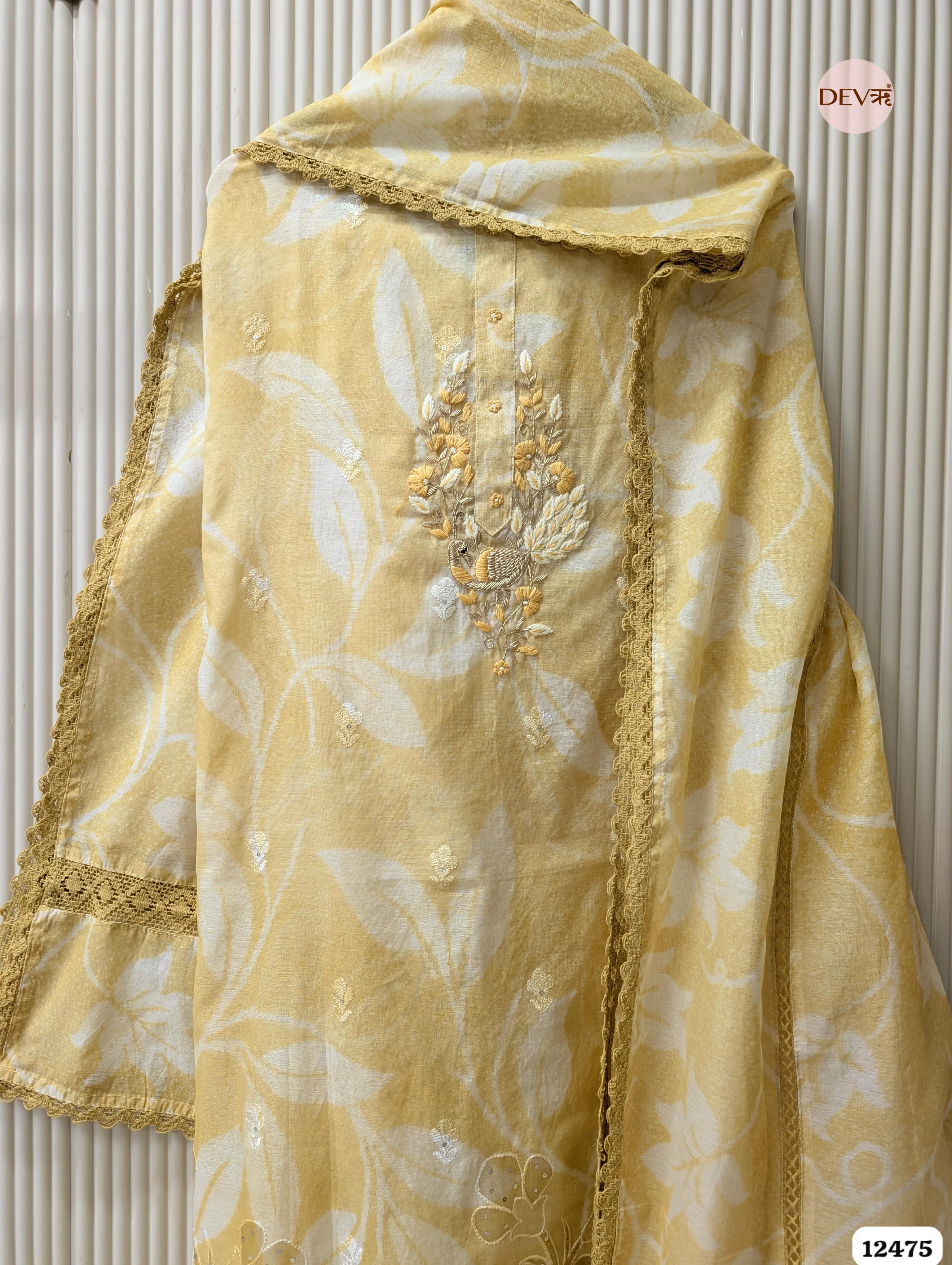 Soft Mustard Mul Chanderi Embroidered Unstitched 3-Piece Suit (Devri – D.No. 12475)