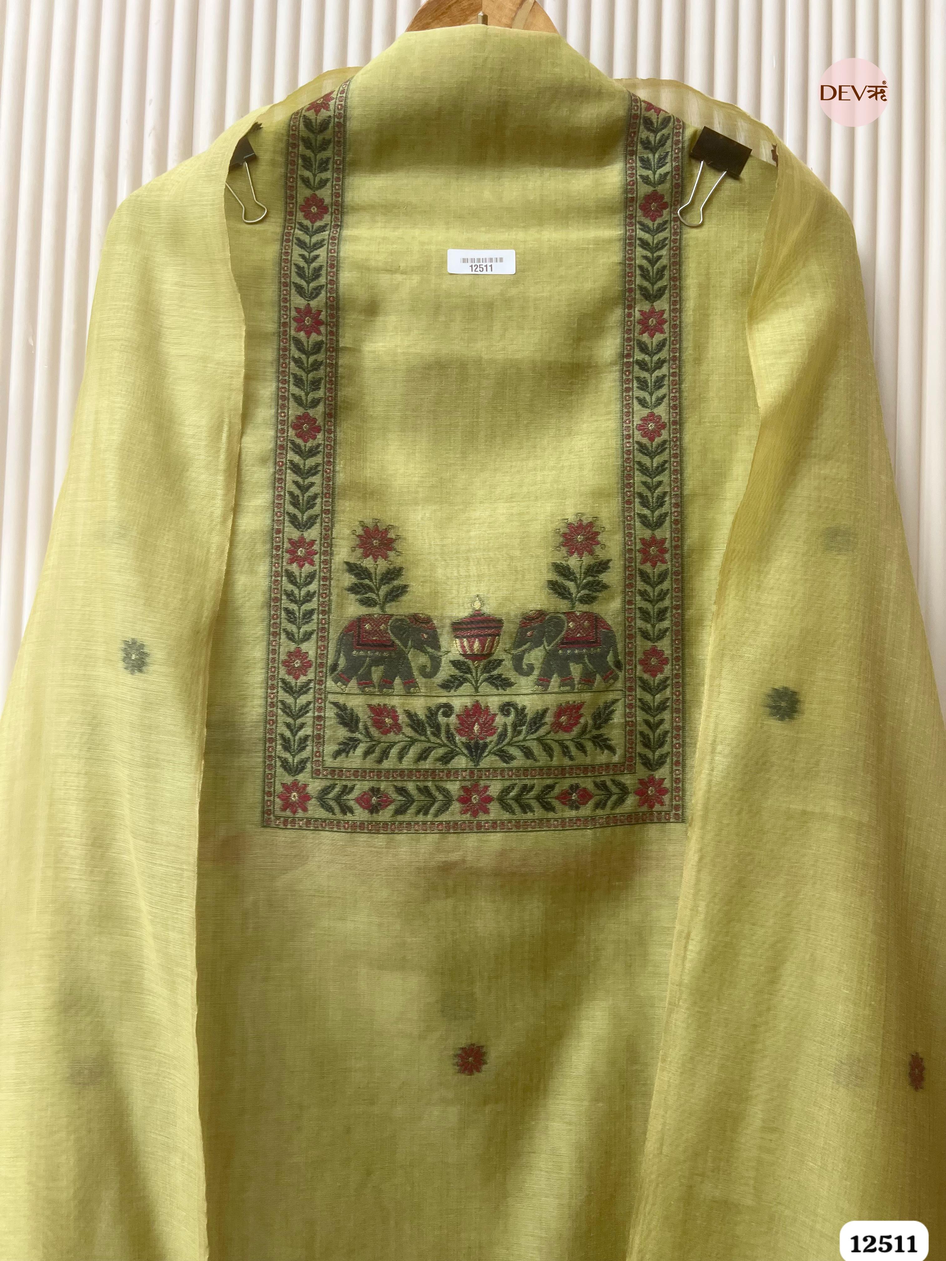 Lime Green Jamdani Embroidered Unstitched 3-Piece Suit (Devri – D.No 12511)