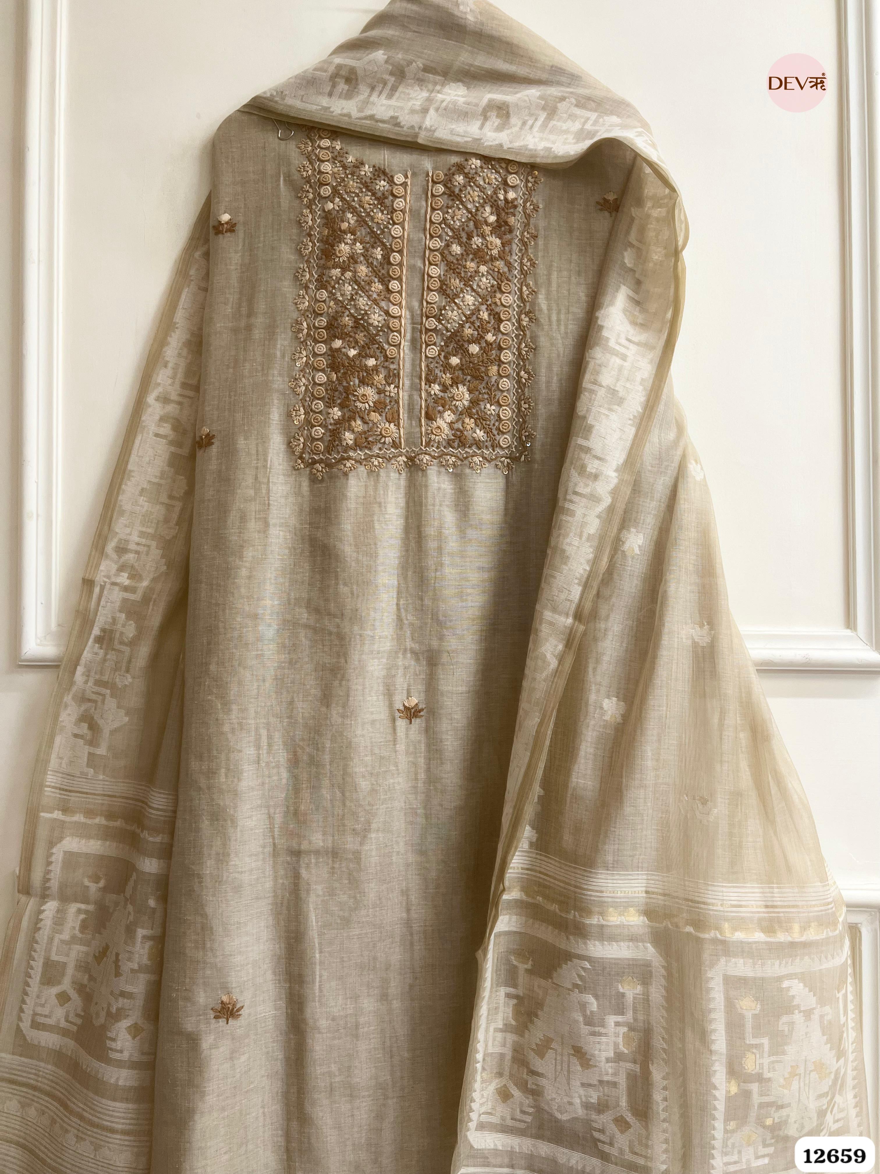 Beige Mul Chanderi Embroidered Unstitched 3-Piece Suit (Devri – D.No 12659)