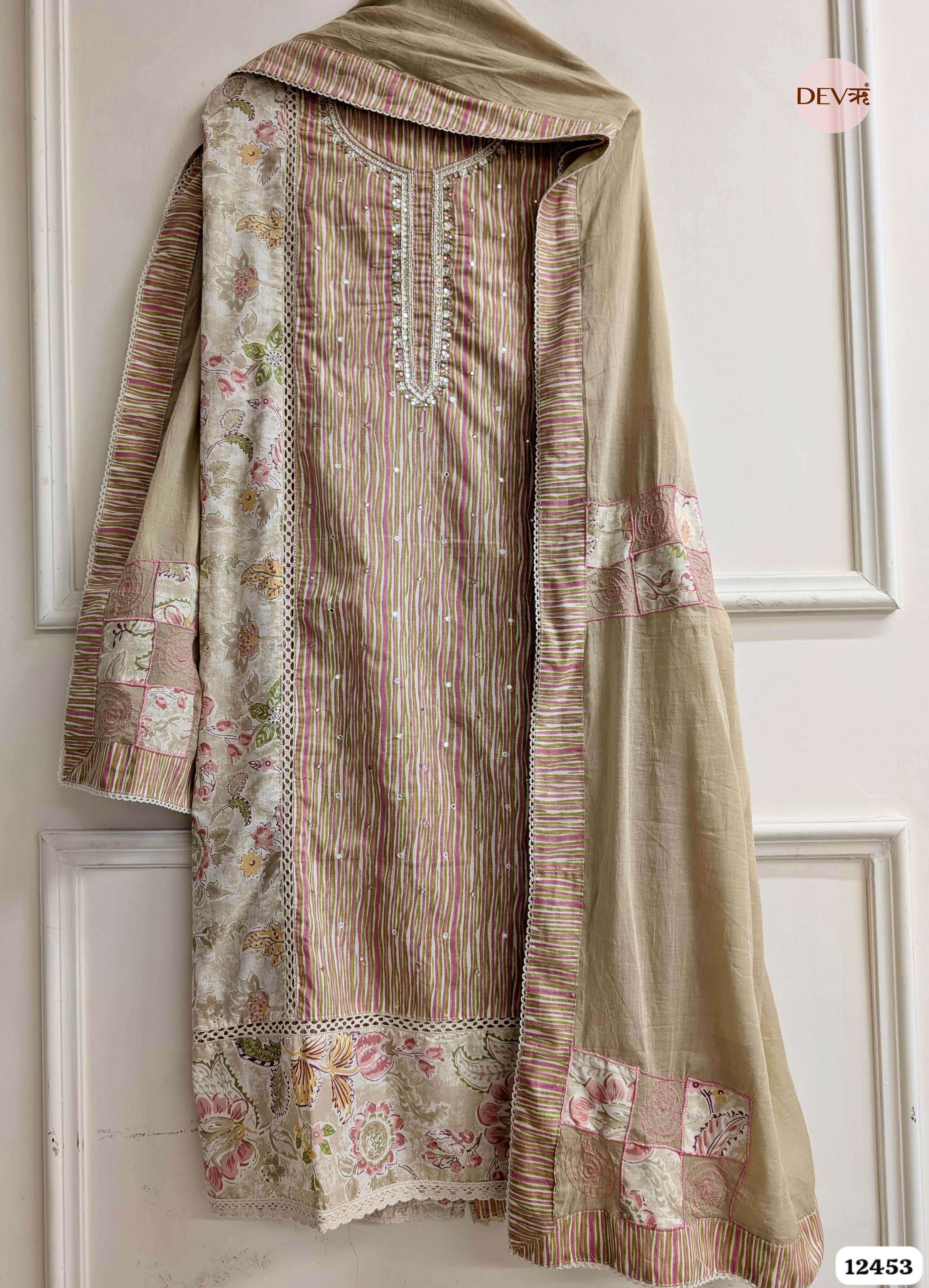 Beige and Pink Cotton Embroidered Unstitched 3-Piece Suit (Devri – D.No .12453)