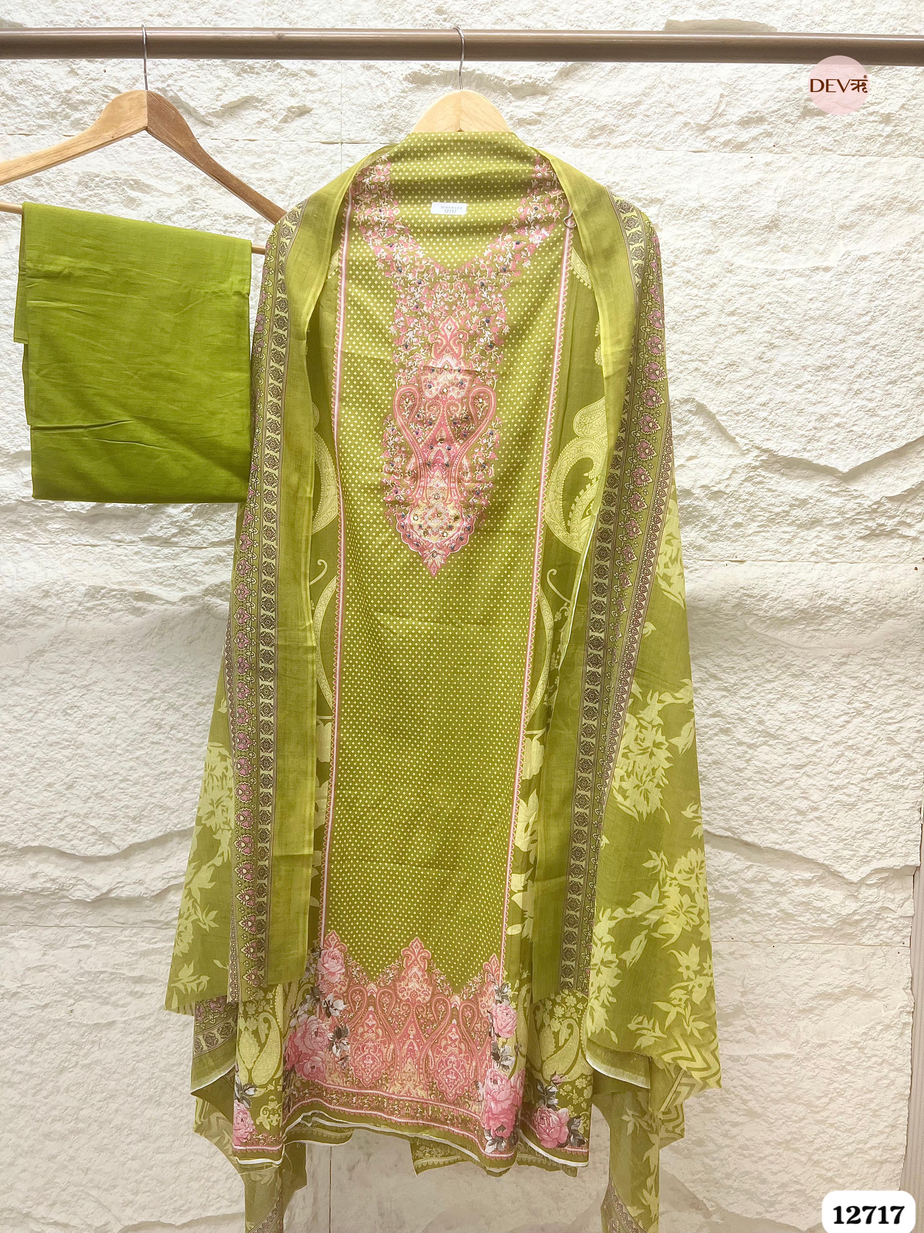 Green Cotton Printed Unstitched 3-Piece Suit (Devri – D.No 12717)