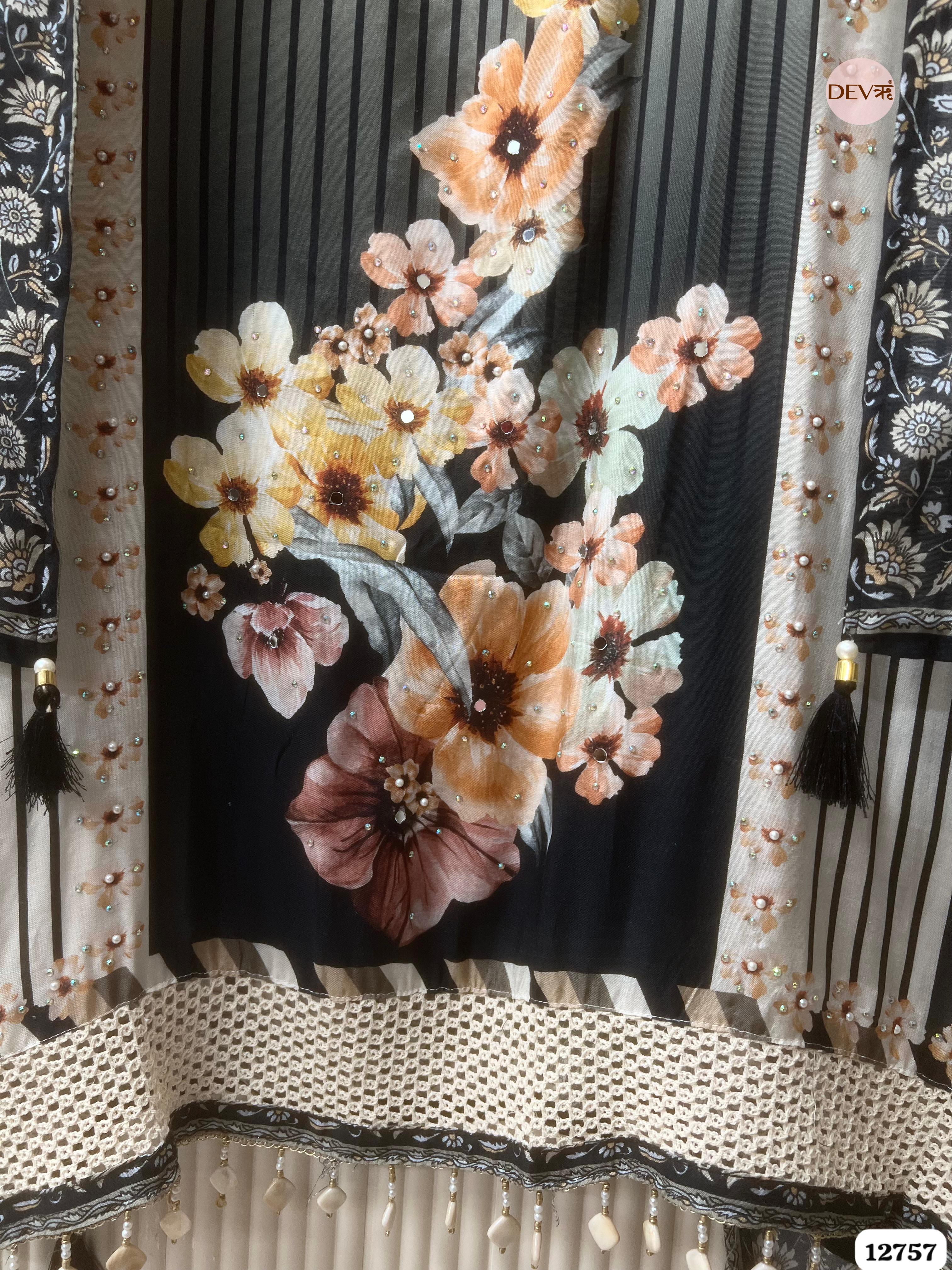 Black Muslin Floral Printed Unstitched 3-Piece Suit (Devri – D.No 12757)