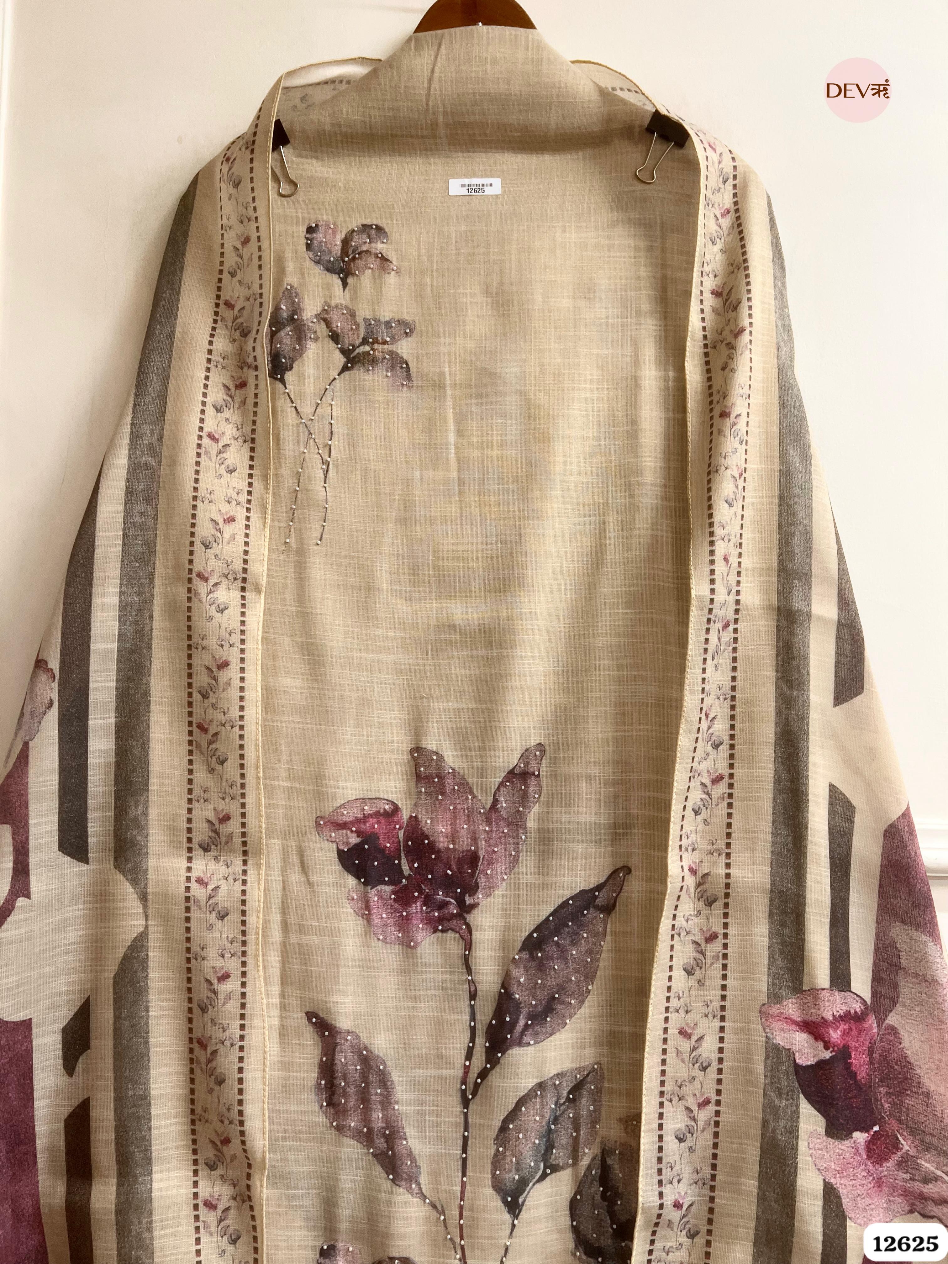 Beige Linen Printed Unstitched 3-Piece Suit (Devri – D.No 12625)