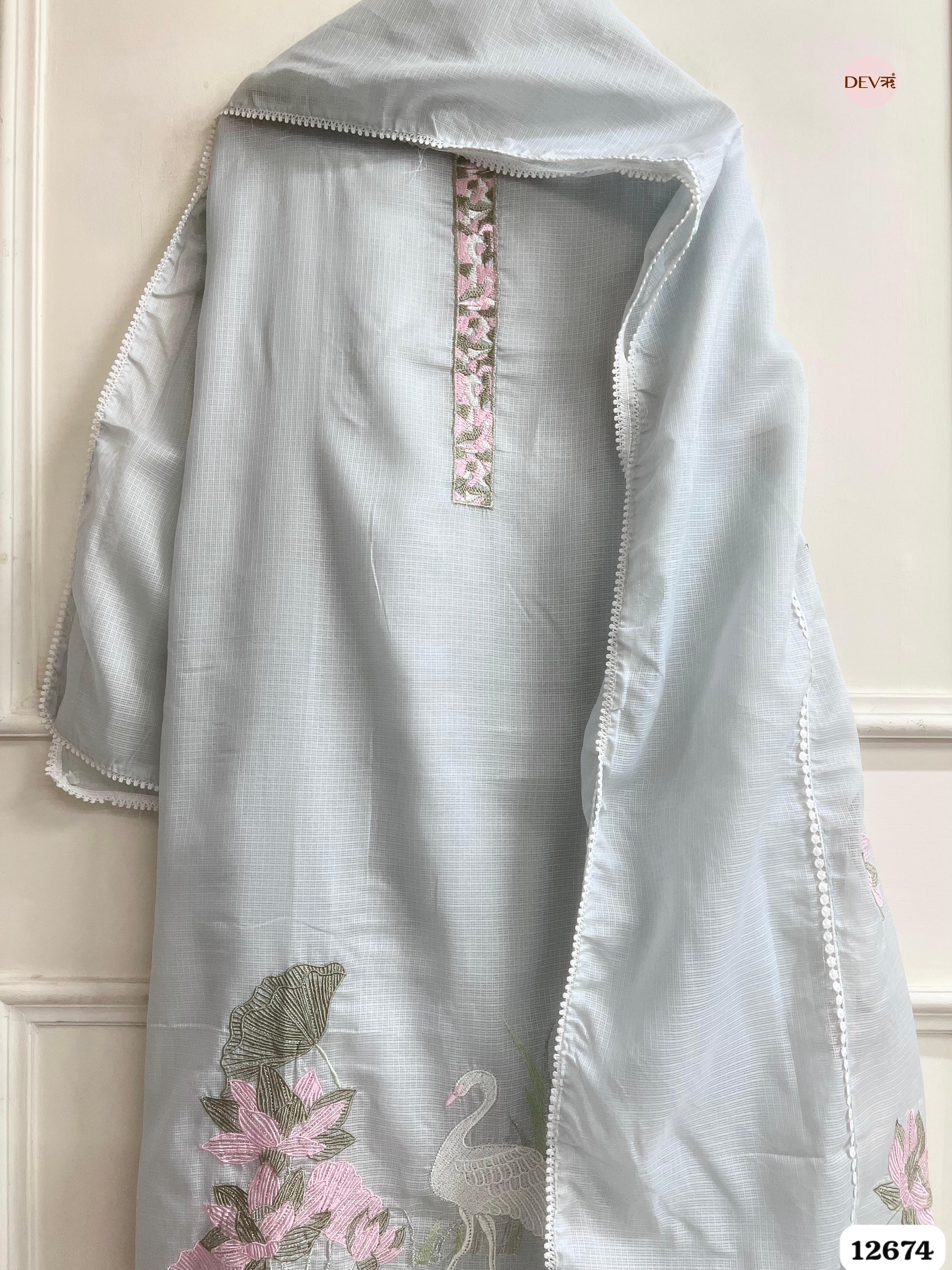 Sky Blue Kota Embroidered Unstitched 3-Piece Suit (Devri – D.No 12674)