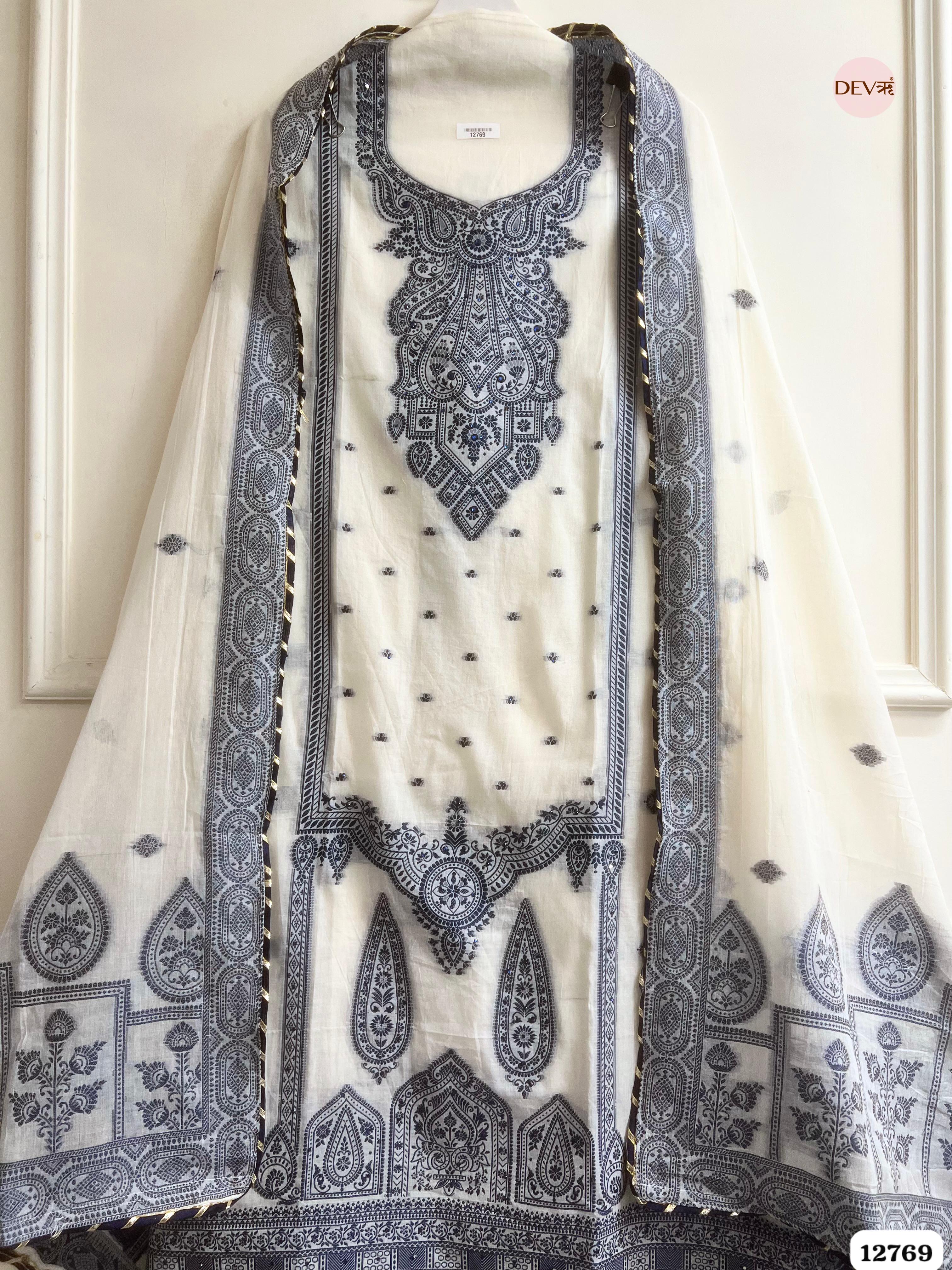 Off-White Jamdani Cotton Embroidered Unstitched 3-Piece Suit (Devri – D.No 12769)