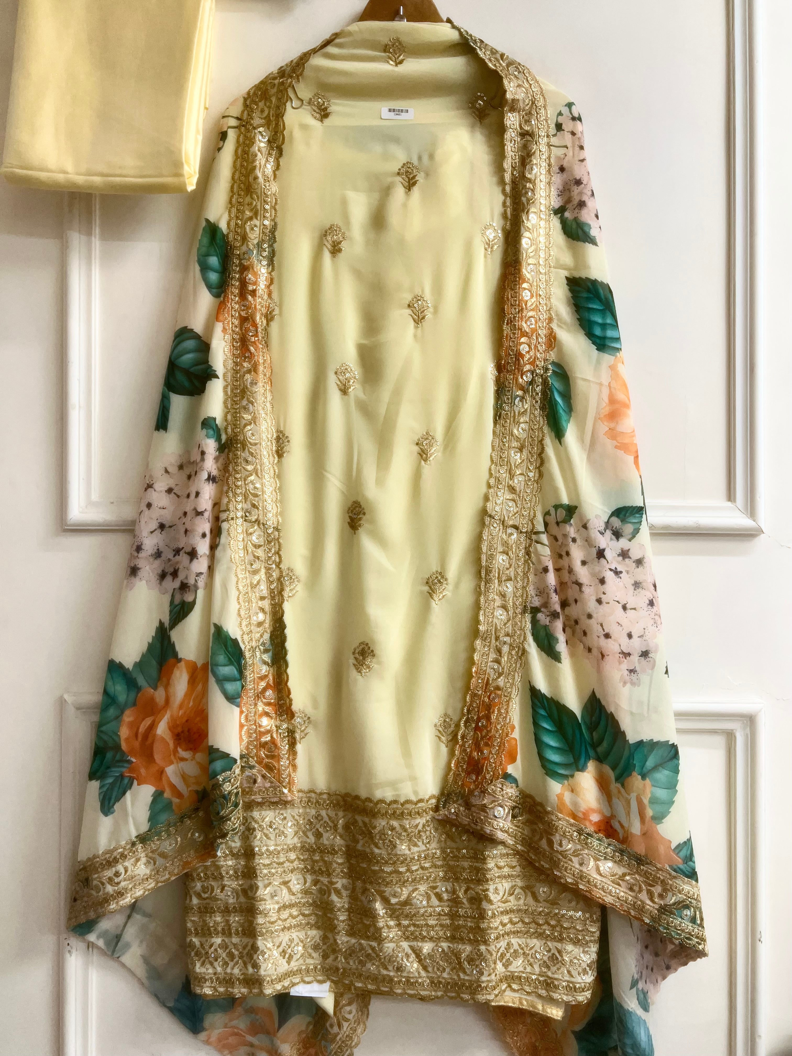 Yellow Silk Blend Printed Unstitched 3-Piece Suit (Devri – D.No 13401)