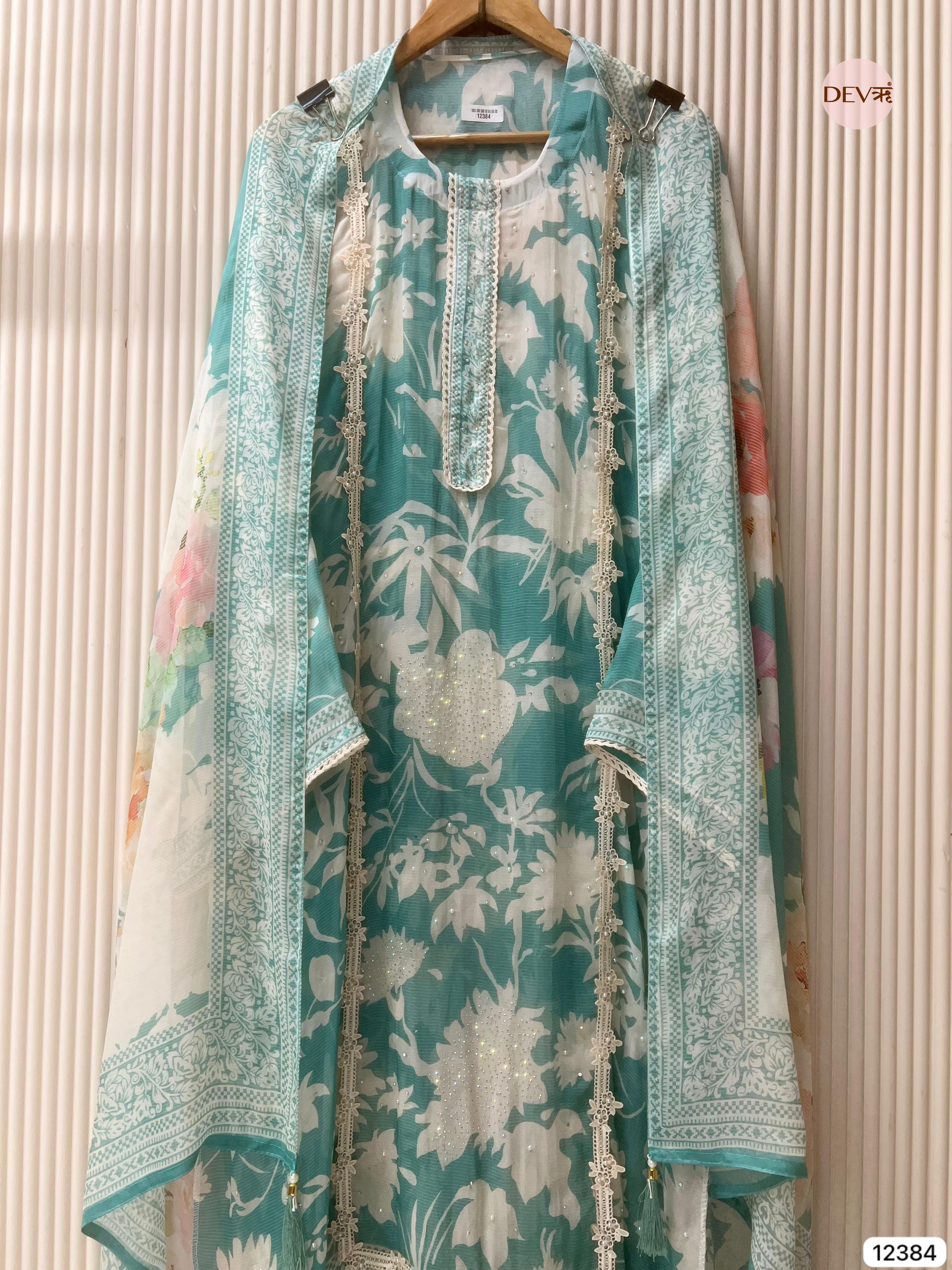 Sea Green Organza Printed Unstitched 3-Piece Suit (Devri – D.No 12384)