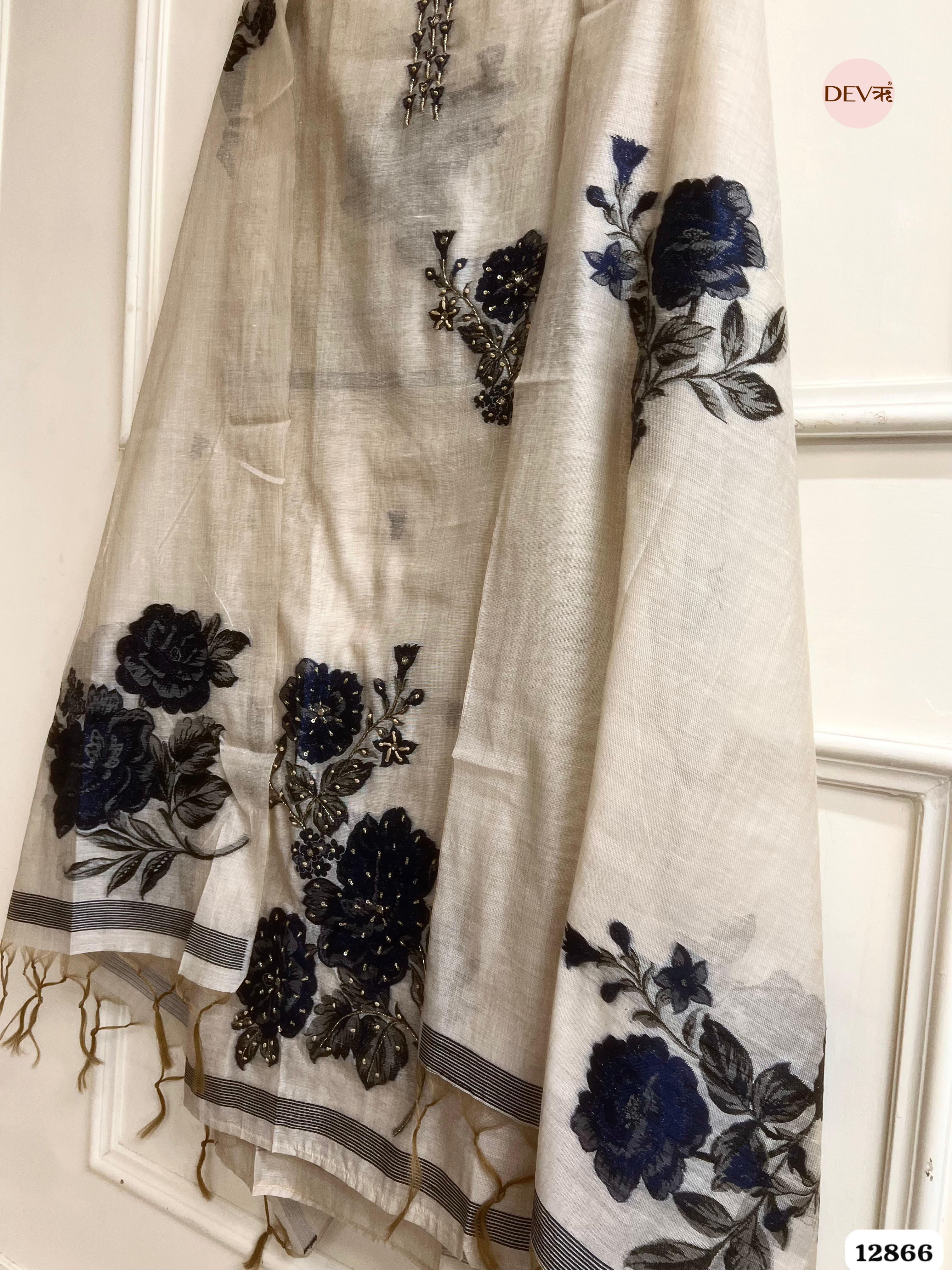 Ivory Mul Chanderi Embroidered Unstitched 3-Piece Suit (Devri – D.No 12866)