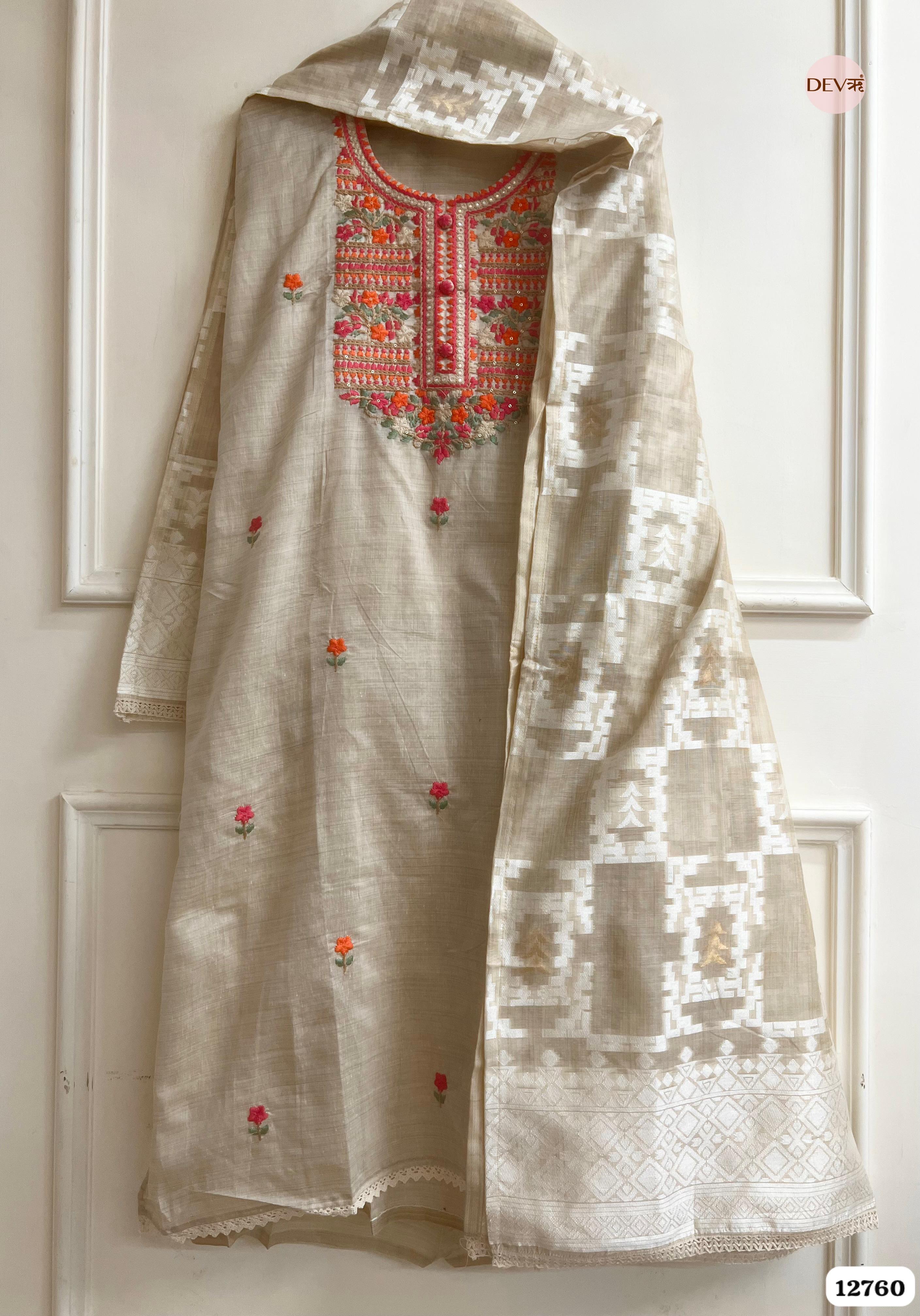 Beige Mul Chanderi Embroidered Unstitched 3-Piece Suit (Devri – D.No 12760)