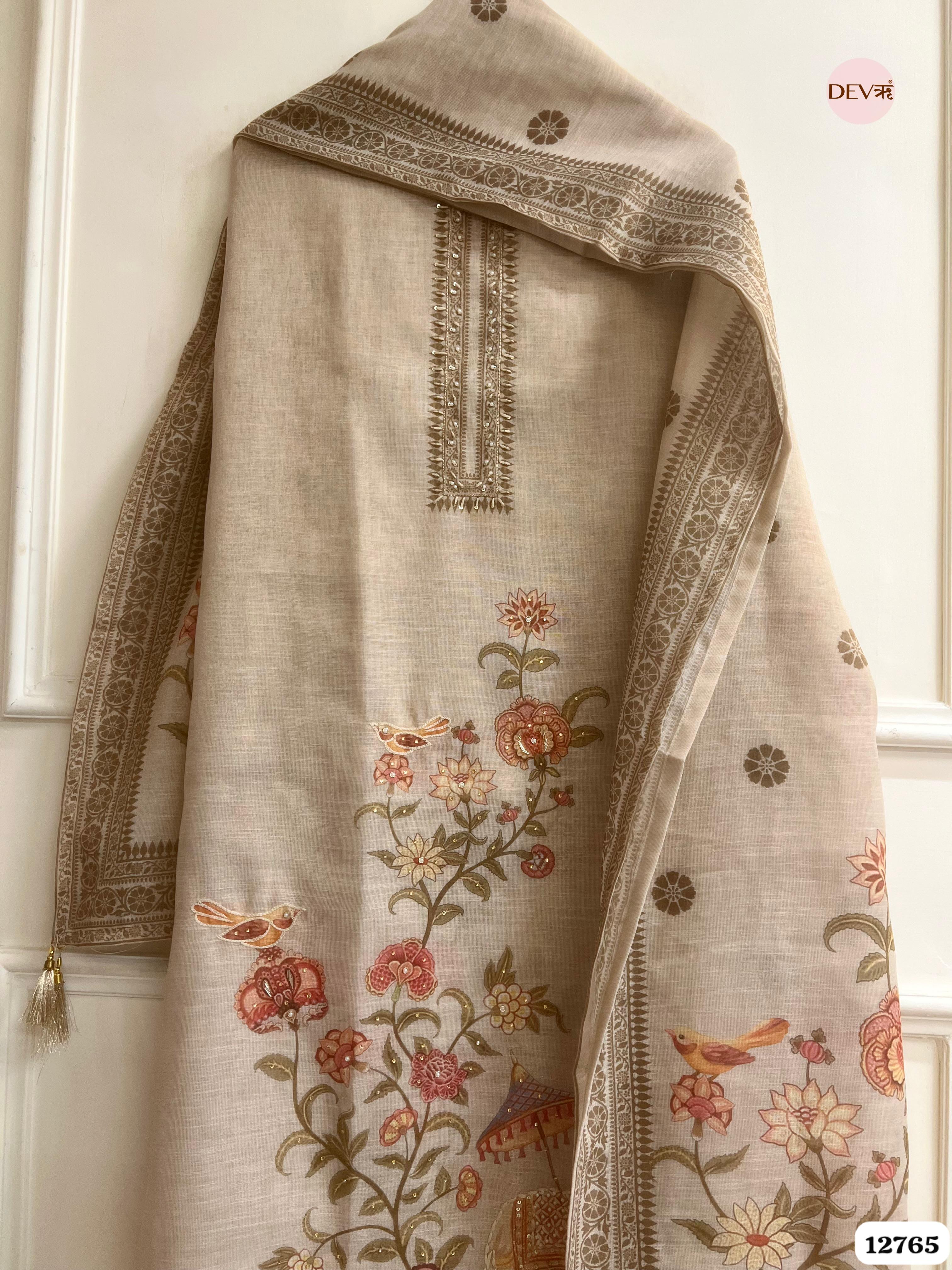 Beige Linen Cotton Embroidered Unstitched 3-Piece Suit (Devri – D.No 12765)