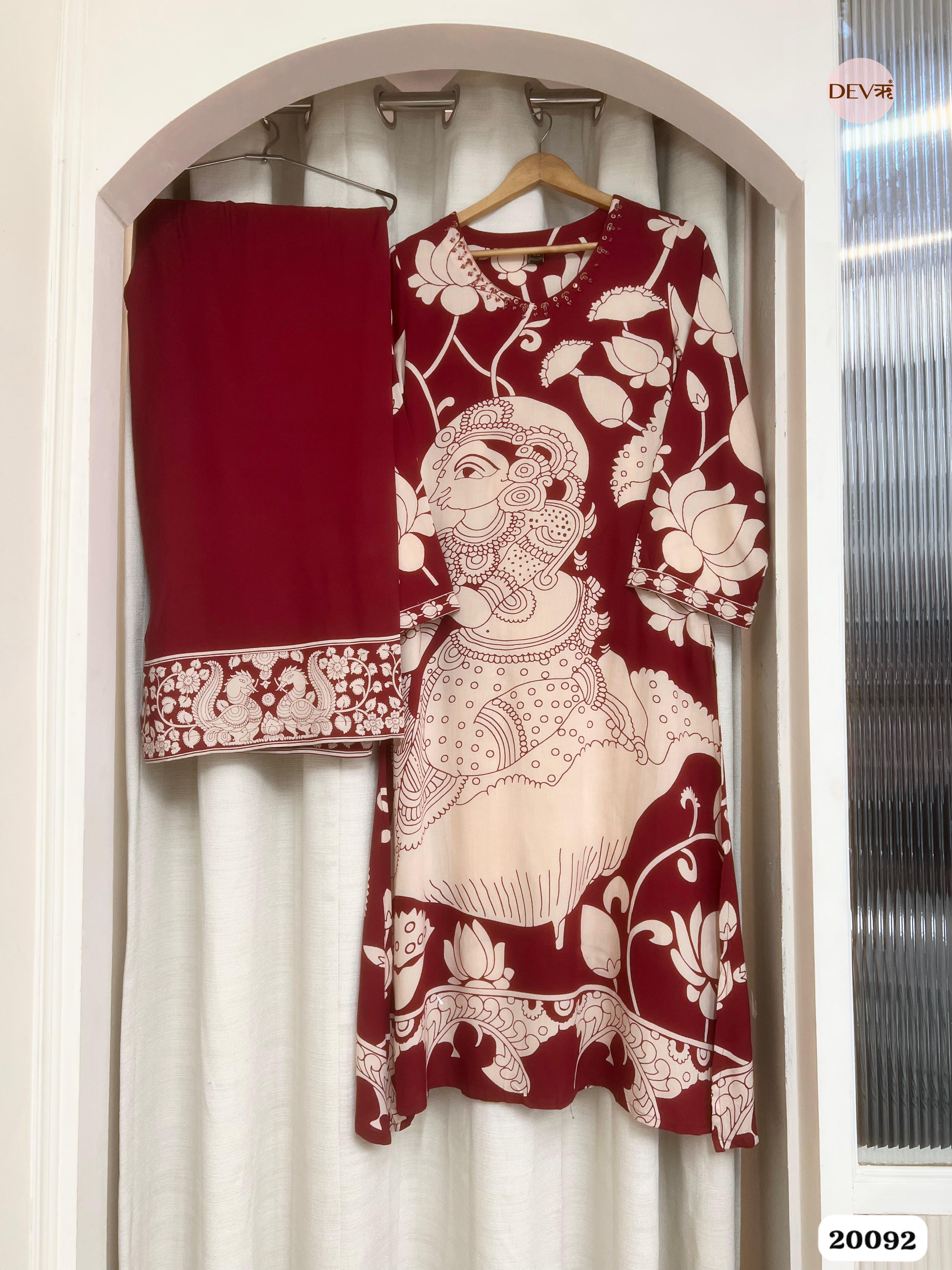 Charvi German Reyon Printed Maroon & Cream 2-Piece Set (Devri – D.No 20092)
