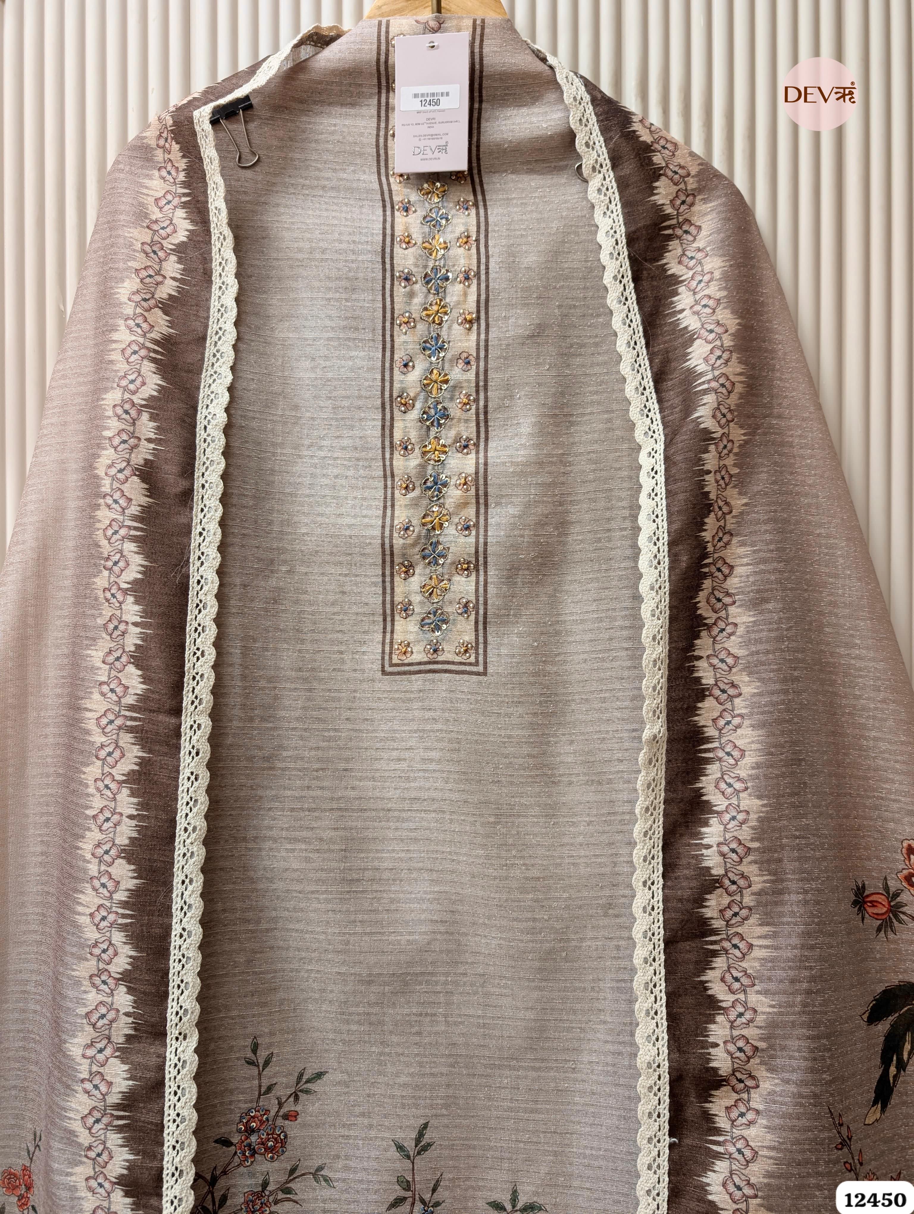 Taupe Grey Linen Cotton Printed Unstitched 3-Piece Suit (Devri – D.No.12450)