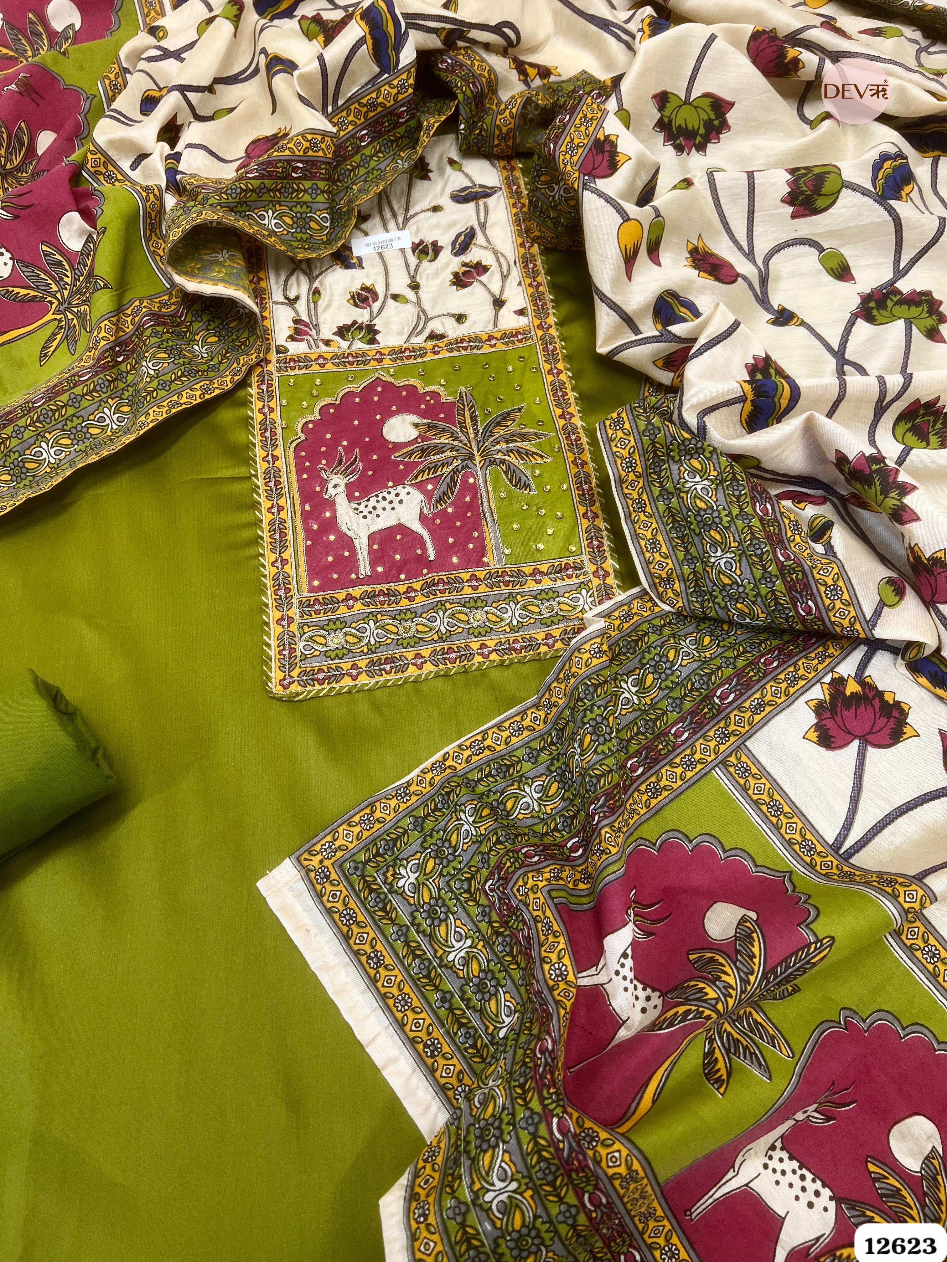 Olive Green Cotton Printed Unstitched 3-Piece Suit (Devri – D.No 12623)