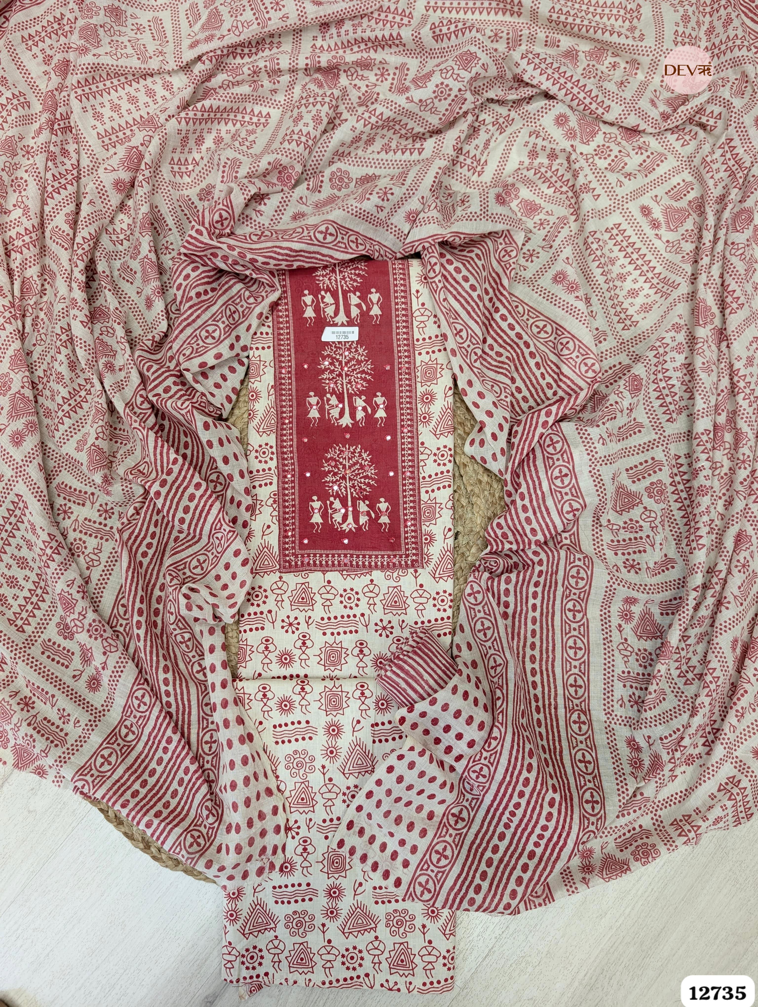 Maroon and Ivory Cotton Printed Unstitched 3-Piece Suit (Devri – D.No 12735)