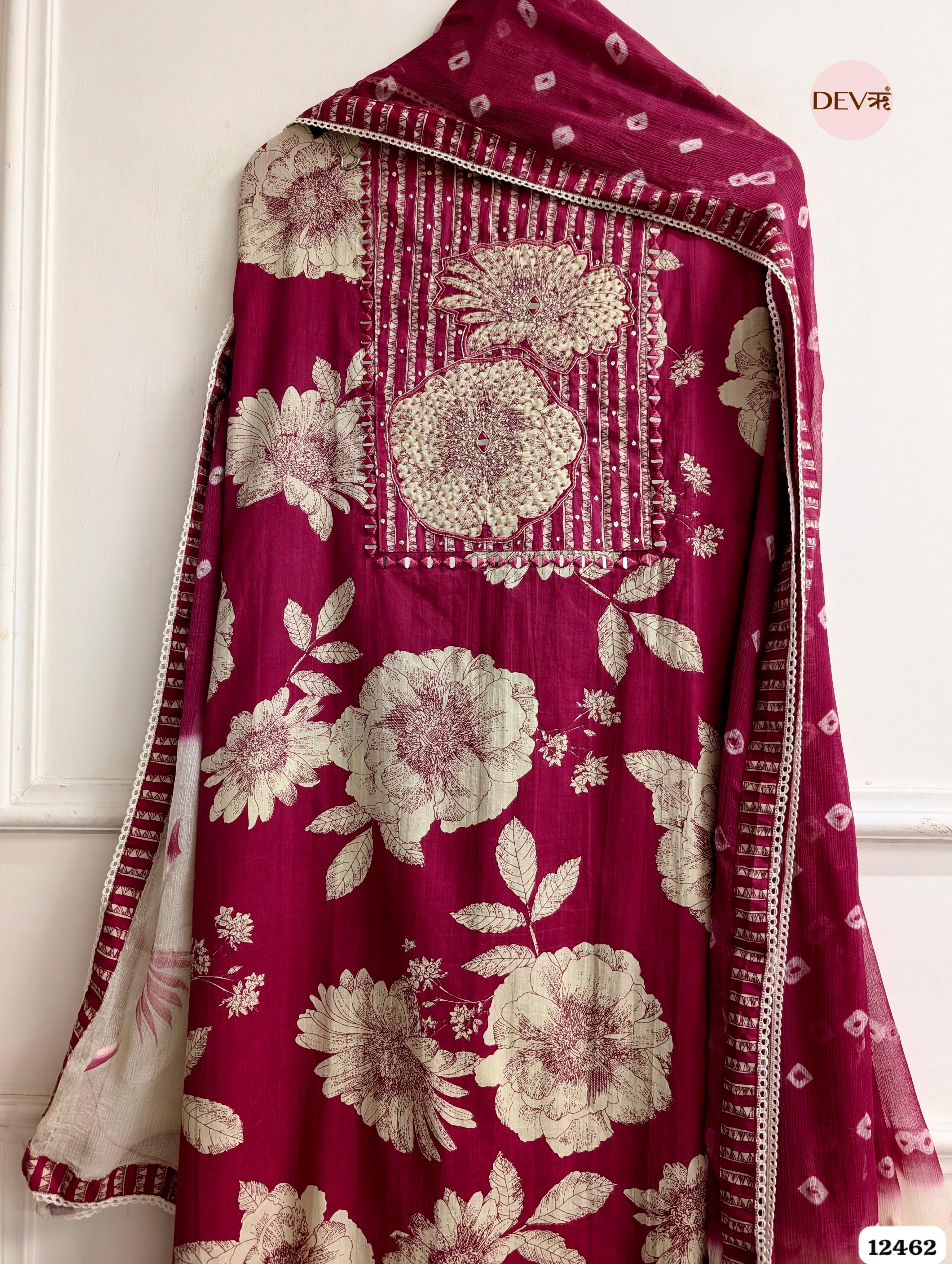 Deep Pink Cotton Printed Unstitched 3-Piece Suit (Devri – D.No. 12462)