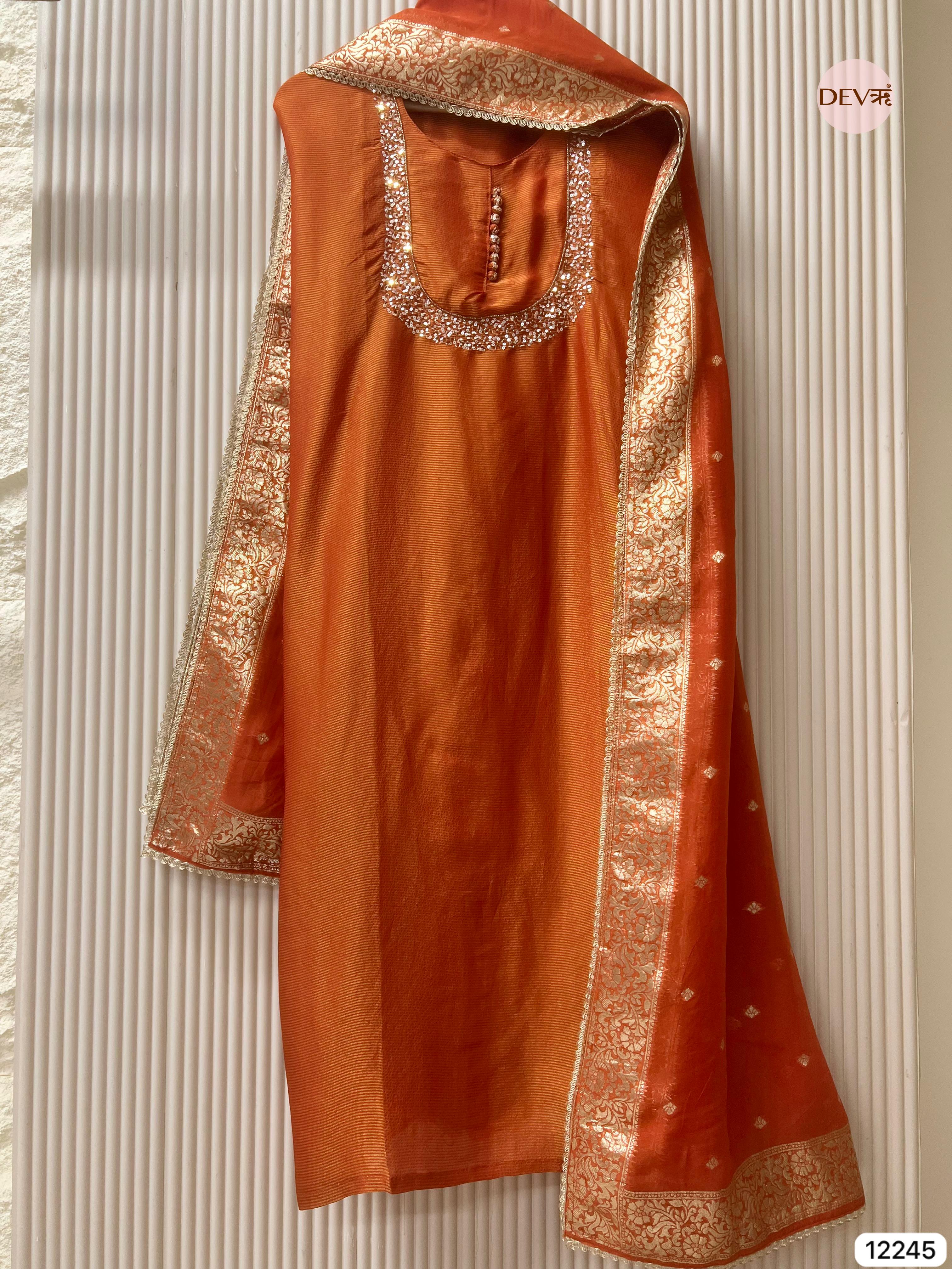Rust Tissue Shimmer Silk Embroidered Unstitched 3-Piece Suit (Devri – D.No 12245)