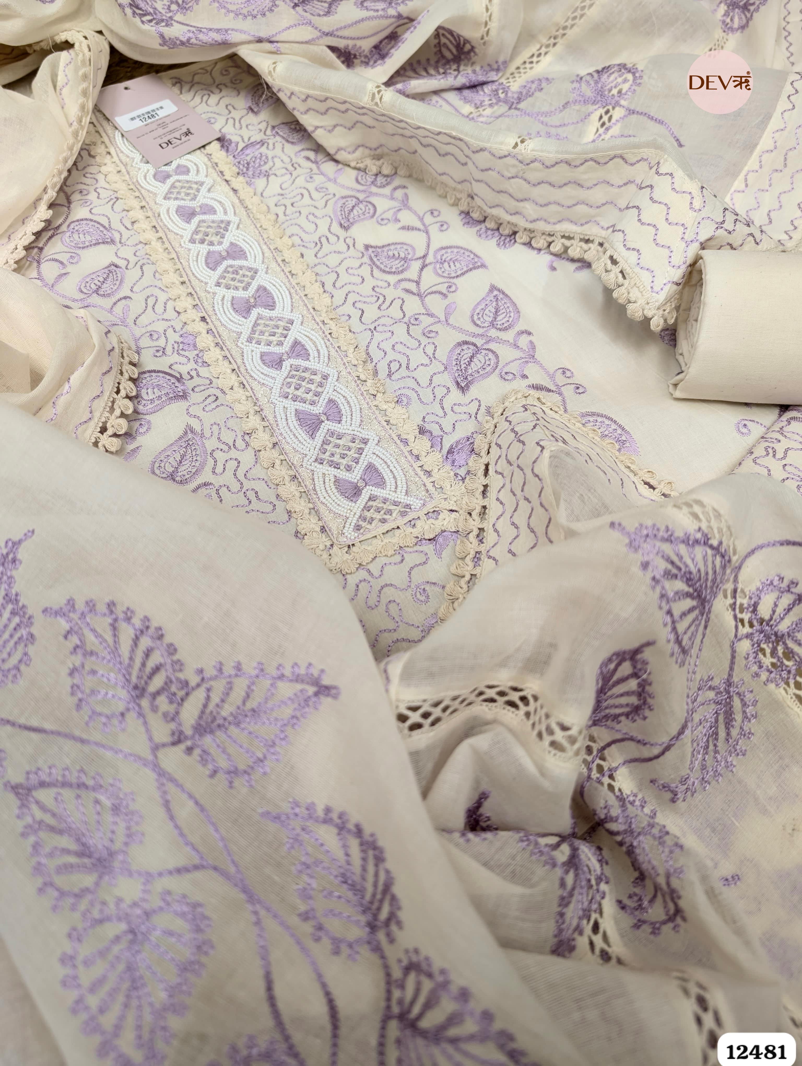 Lavender &; White Pure Cotton Embroidered Unstitched 3-Piece Suit (Devri – D.No 12481)