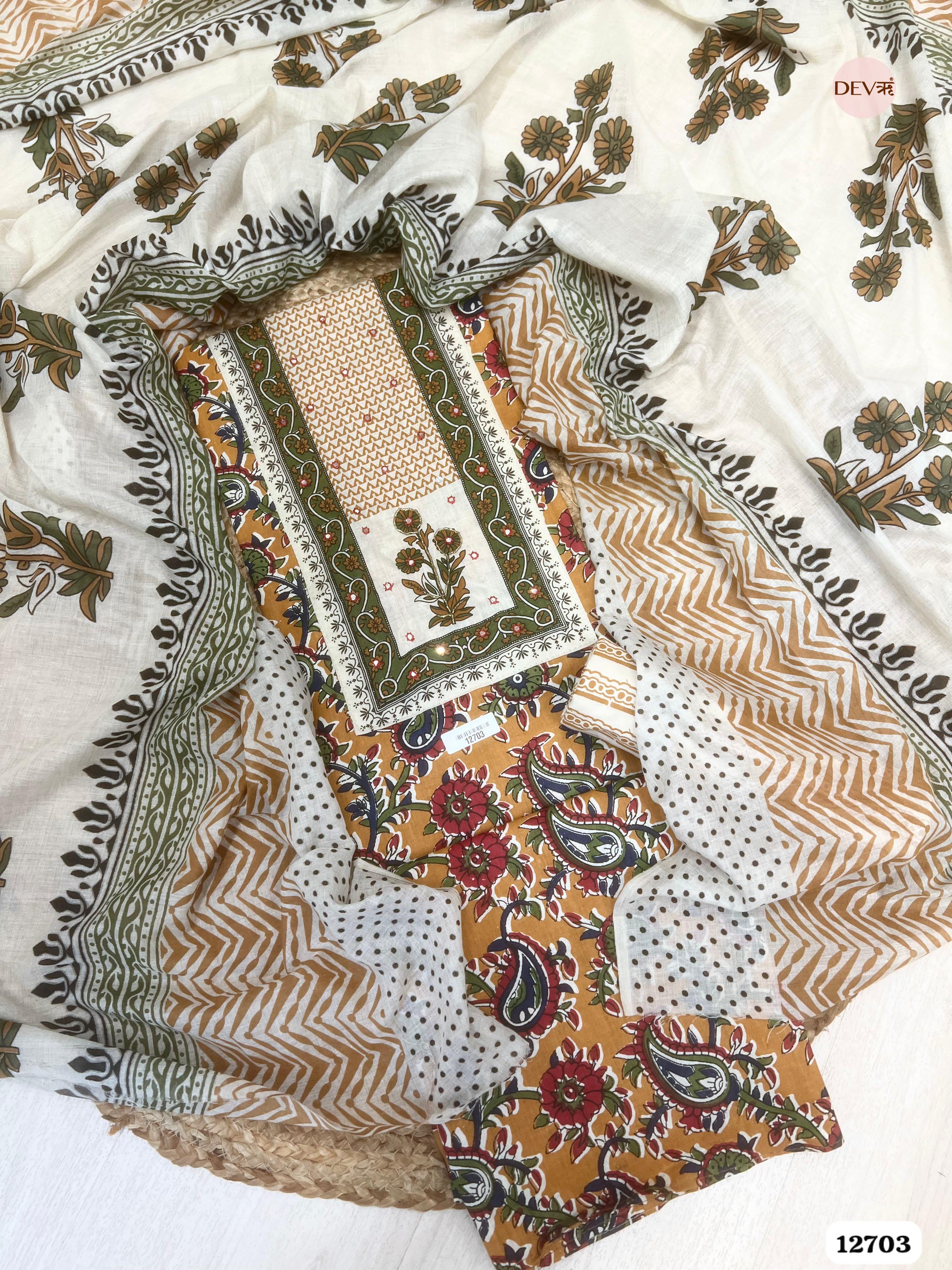Mustard & White Cotton Printed Unstitched 3-Piece Suit (Devri – D.No 12703)