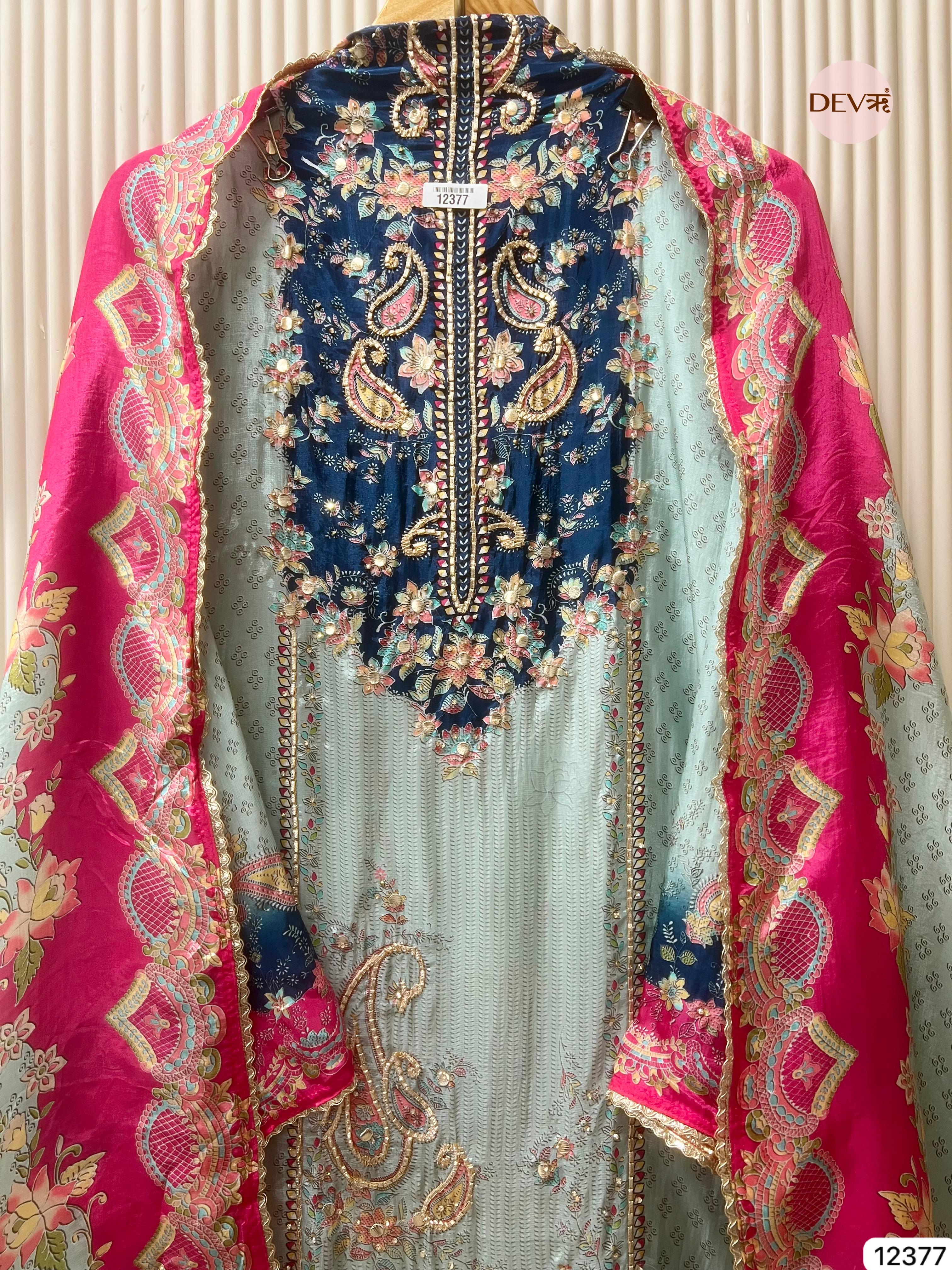 Teal and Navy Muslin Printed Unstitched 3-Piece Suit (Devri – D.No 12377)