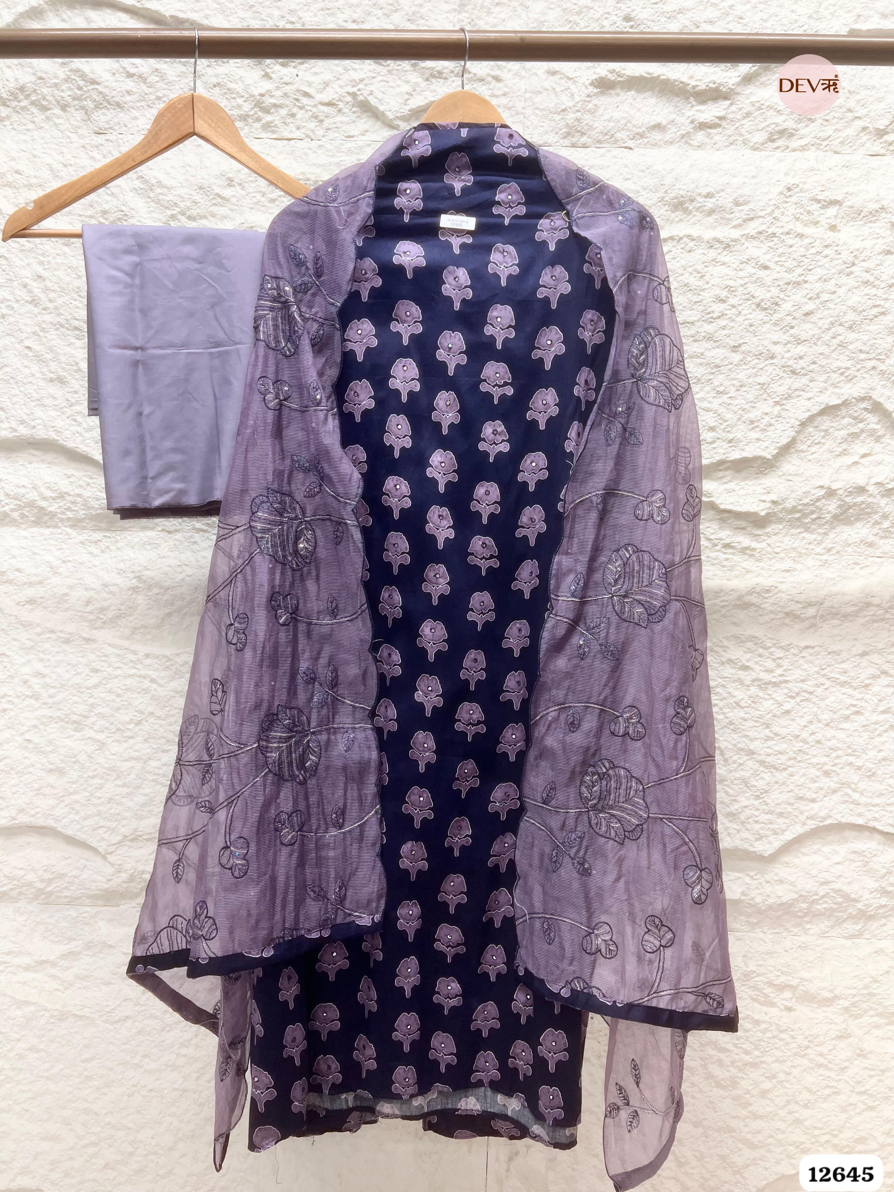 Navy Blue Cotton Printed Unstitched 3-Piece Suit (Devri – D.No 12645)