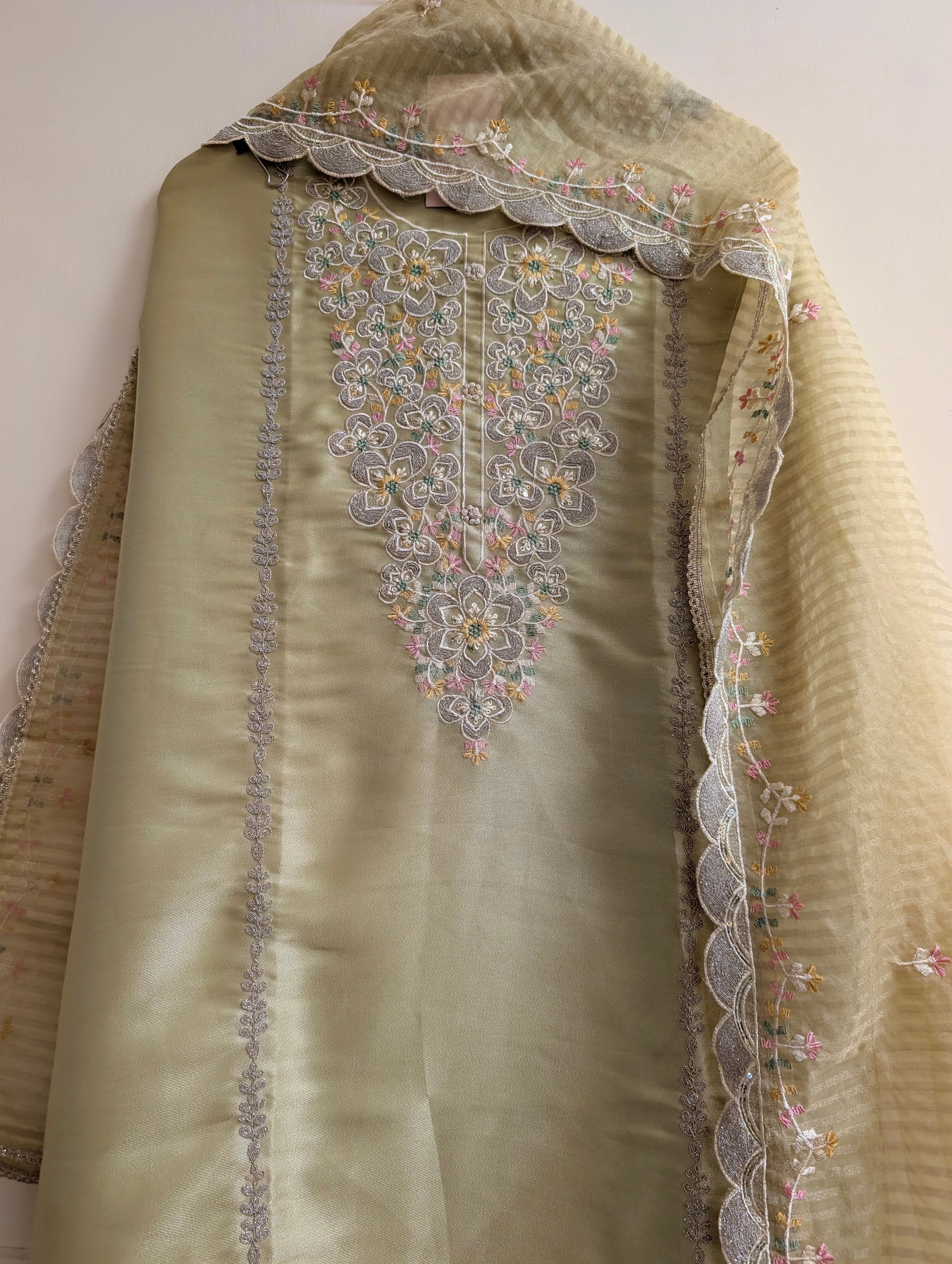 Olive Tissue Silk Embroidered Unstitched 3-Piece Suit (Devri – D.No 13768)