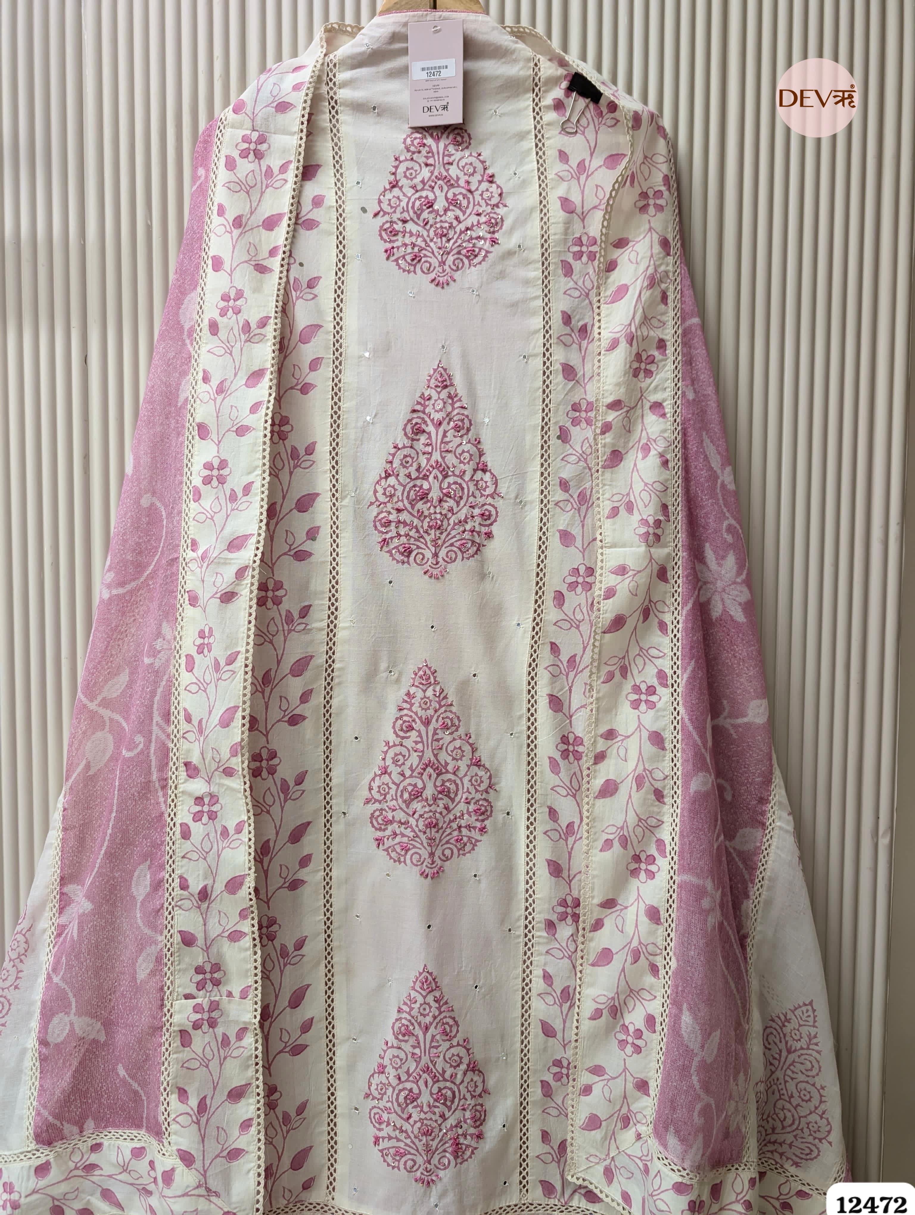 Pink & White Pure Cotton Printed & Embroidered Unstitched 3-Piece Suit (Devri – D.No 12472)