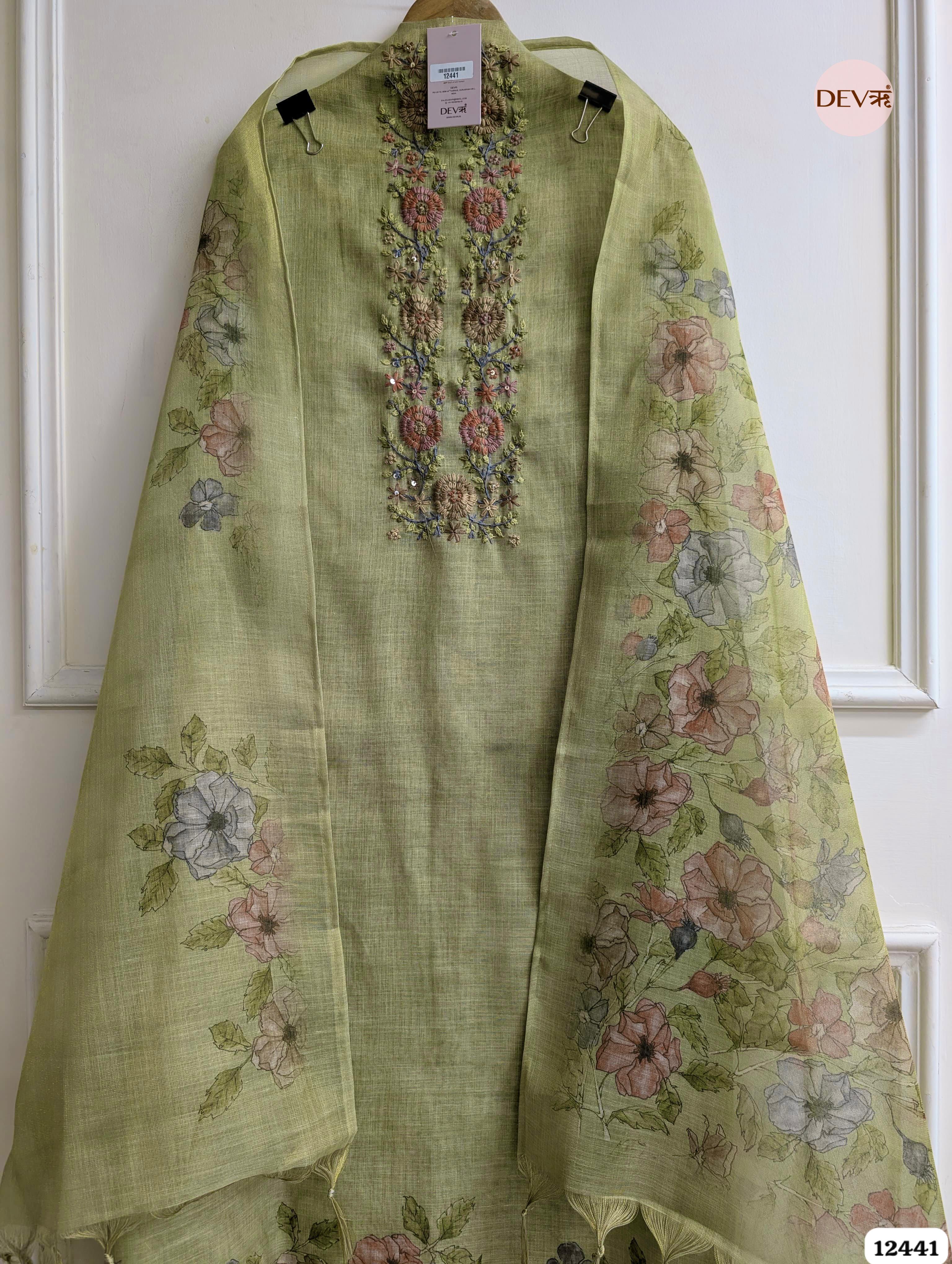 Sage Green Linen Embroidered Unstitched 3-Piece Suit (Devri – D.No 12441)