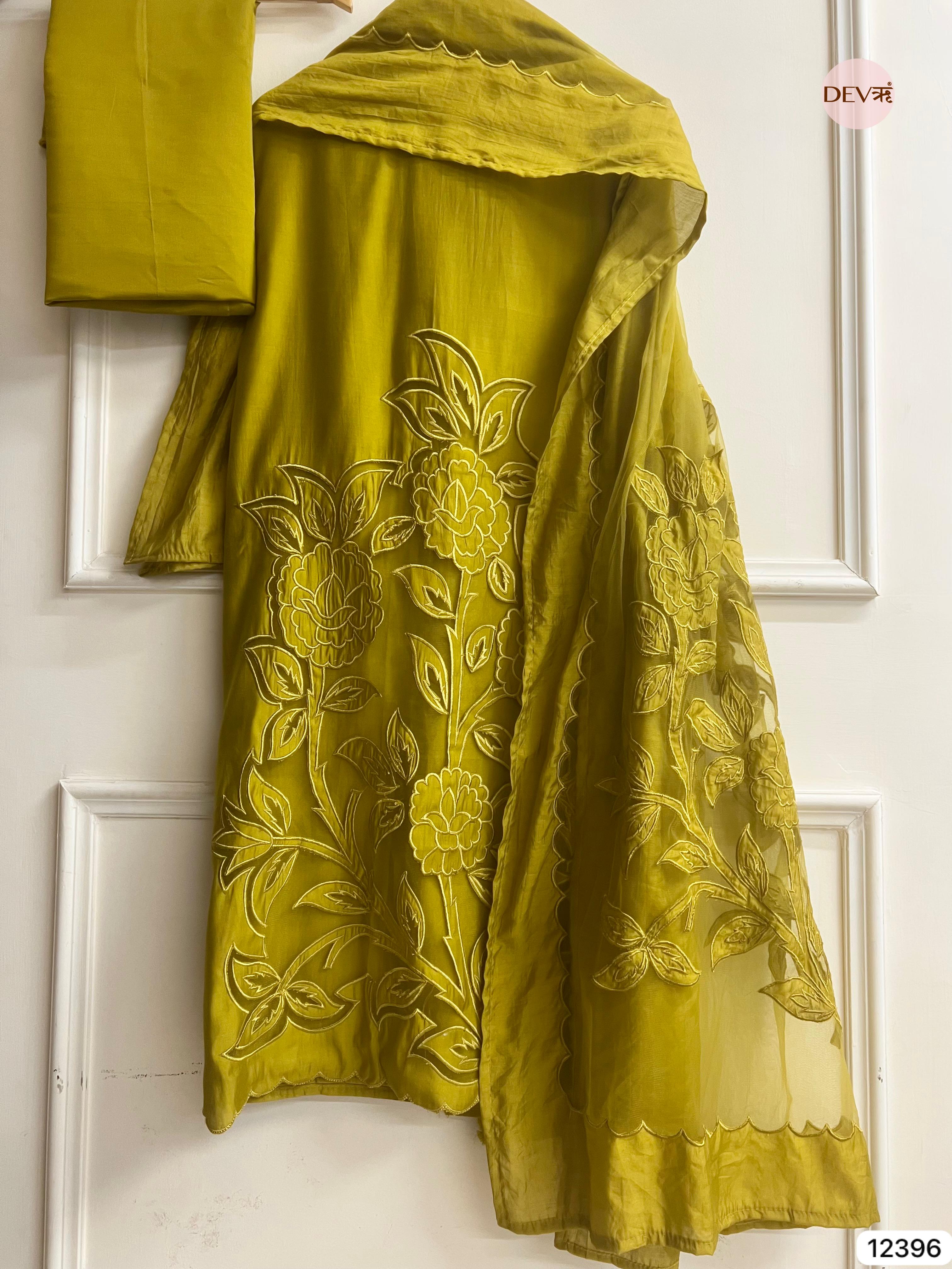 Olive Green Modal Silk Embroidered Unstitched 3-Piece Suit (Devri – D.No 12396)