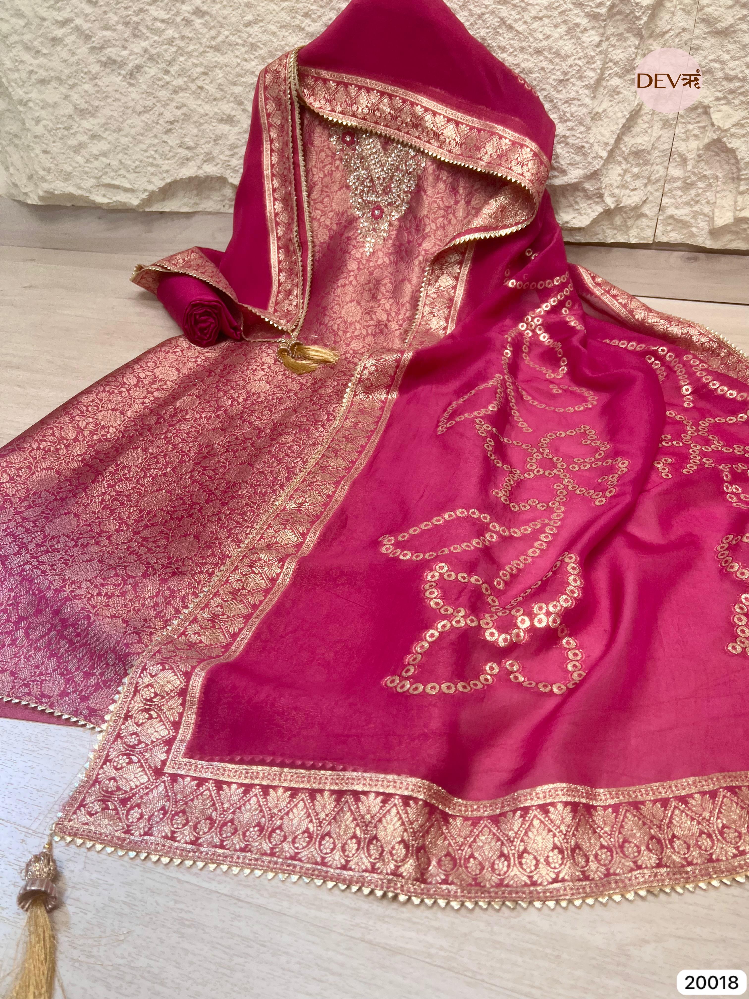 Rose Pink Tissue Jacquard Embroidered Unstitched 3-Piece Suit (Devri – D.No. 20018)