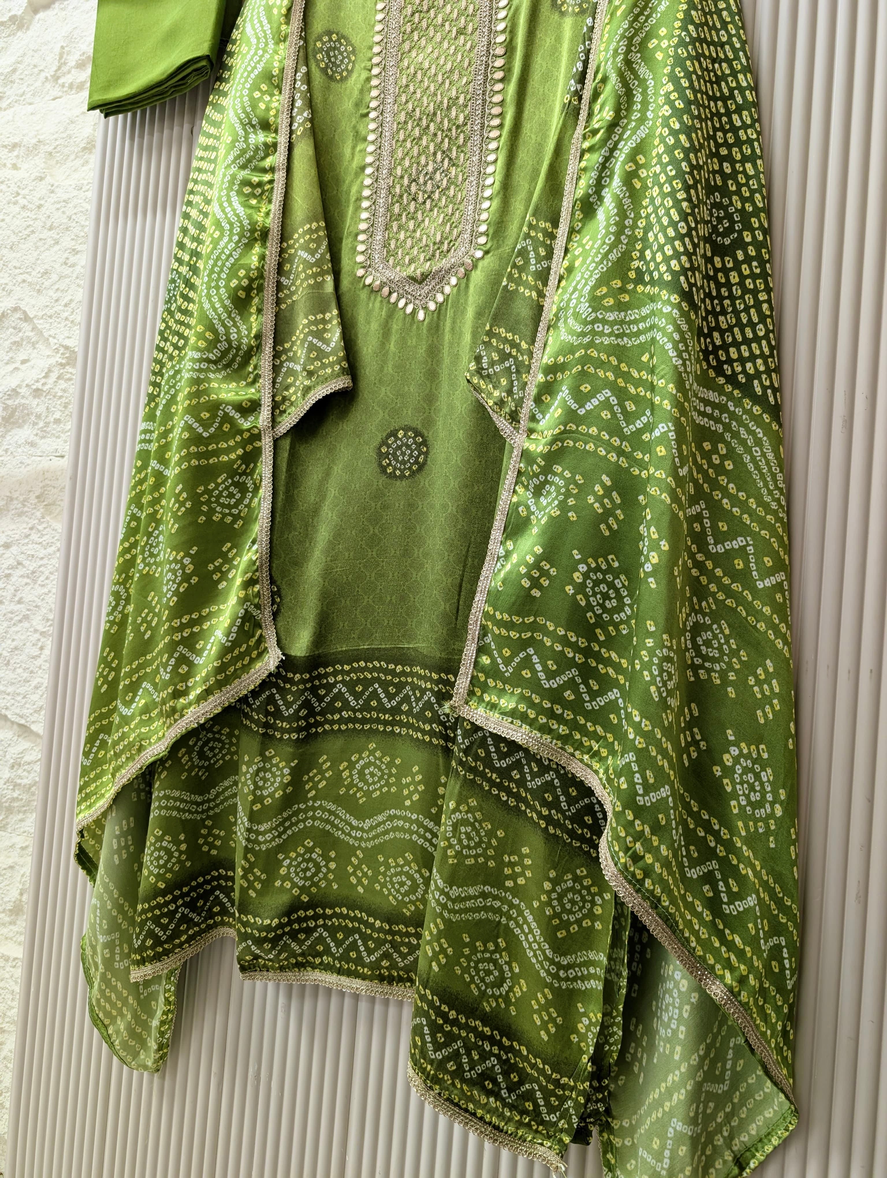 Olive Gajji Silk Printed Unstitched 3-Piece Suit (Devri – D.No 13728)