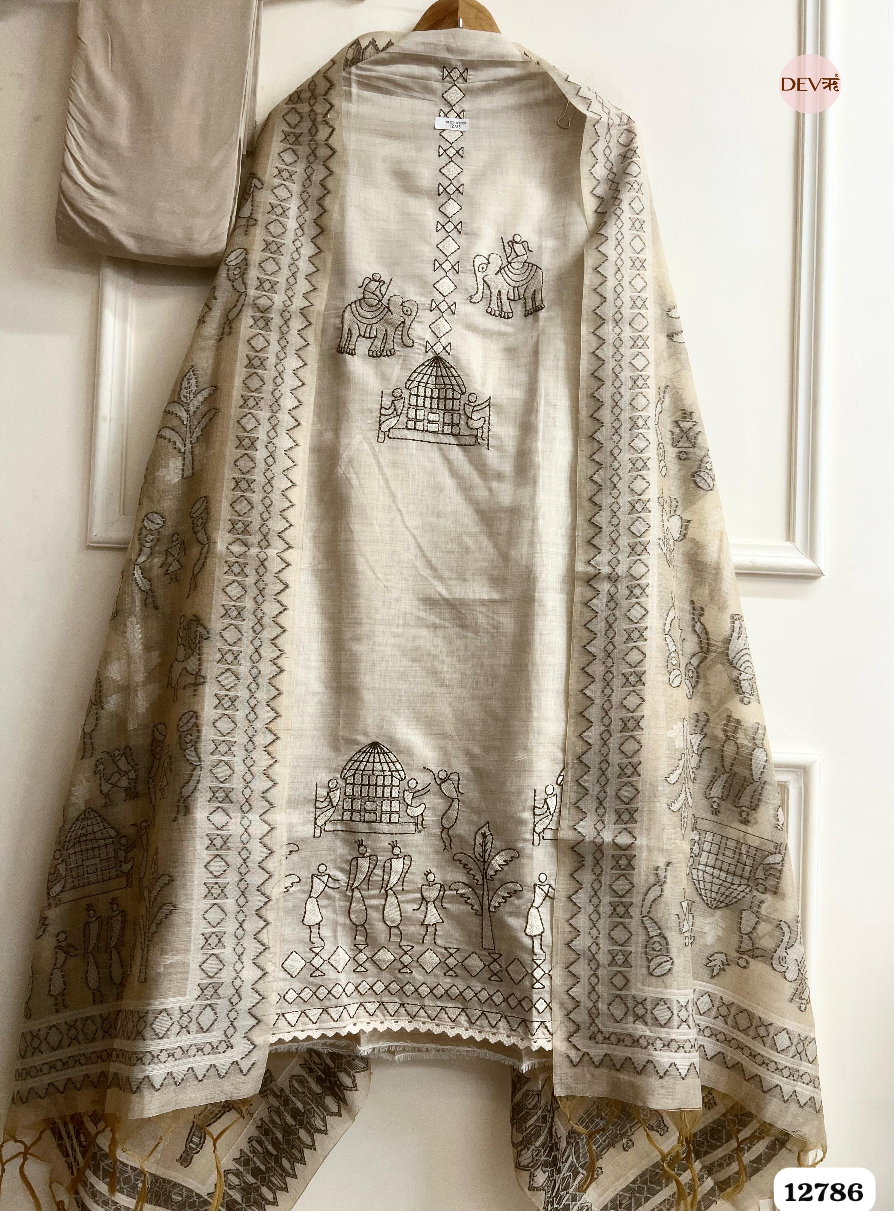 Beige Mul Chanderi Printed Unstitched 3-Piece Suit (Devri – D.No 12786)
