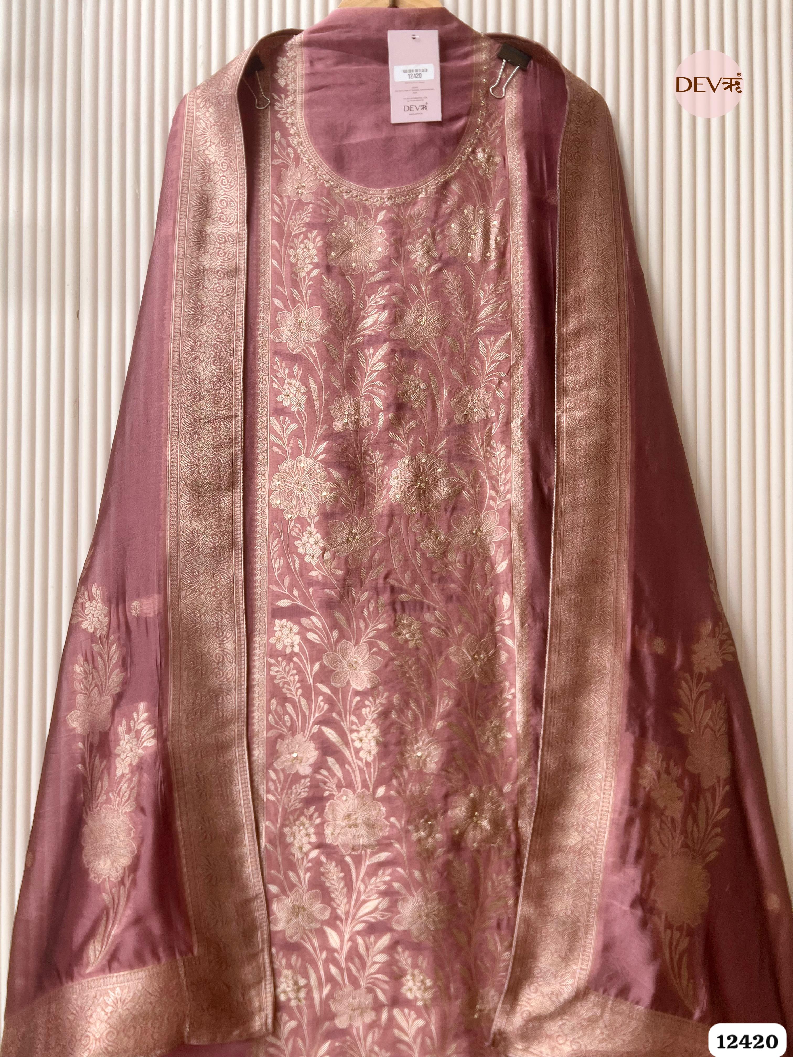 Dusty Rose Banarasi Silk Embroidered Unstitched 3-Piece Suit (Devri – D.No . 12420)