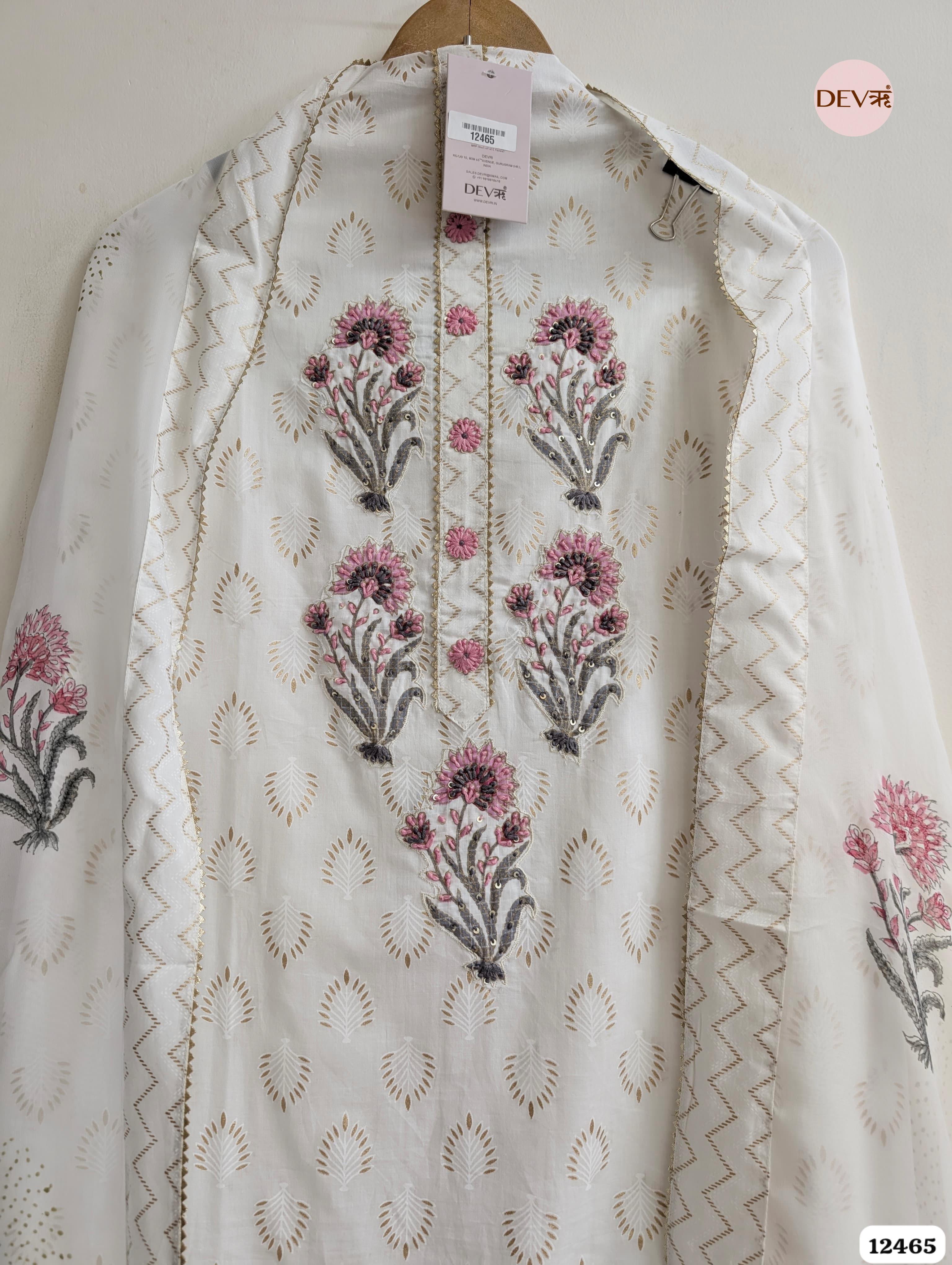 White Cotton Embroidered Unstitched 3-Piece Suit (Devri – D.No. 12465)