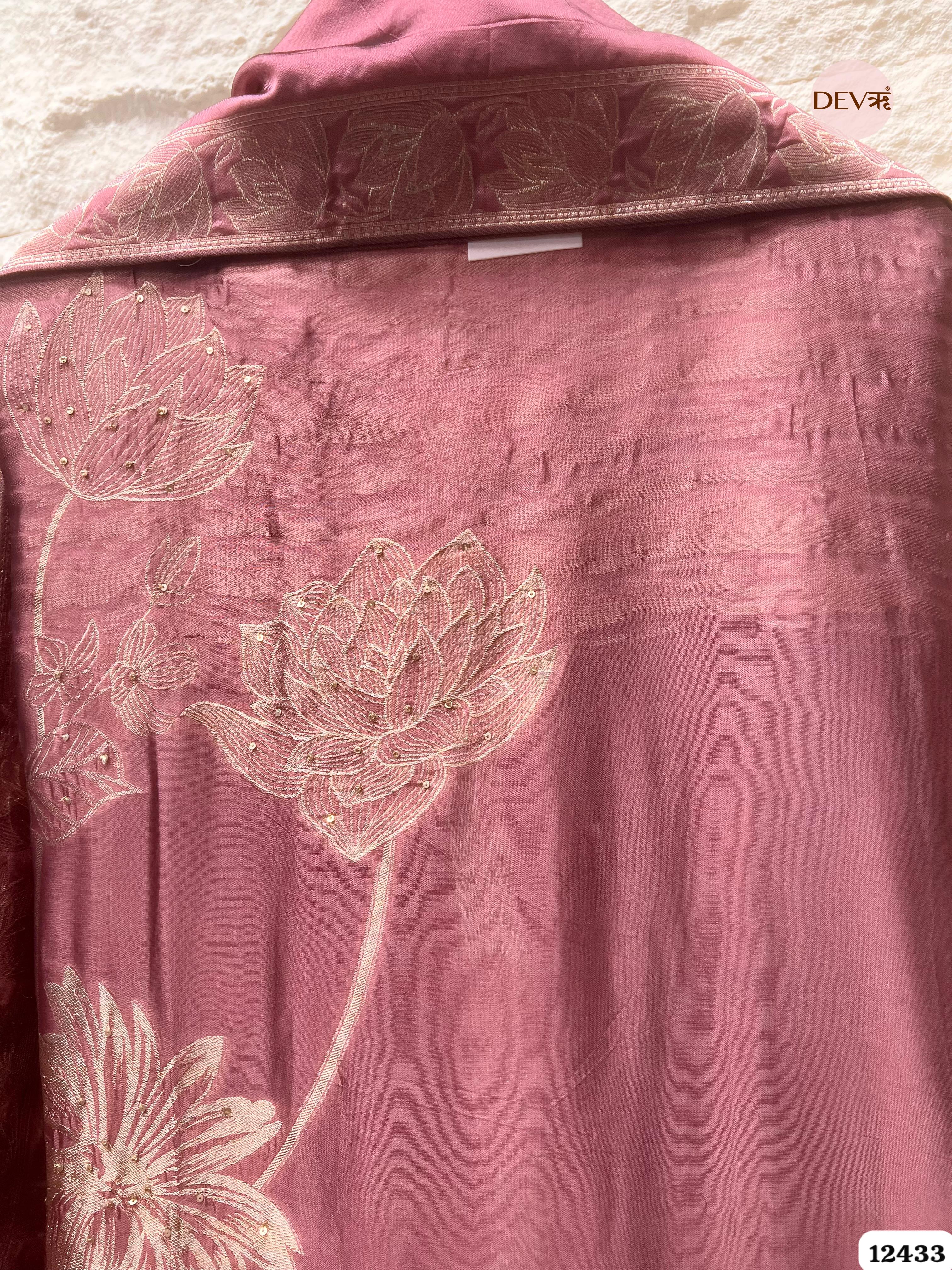 Dusty Rose Banarasi Silk Embroidered Unstitched 3-Piece Suit (Devri – D.No .12433)