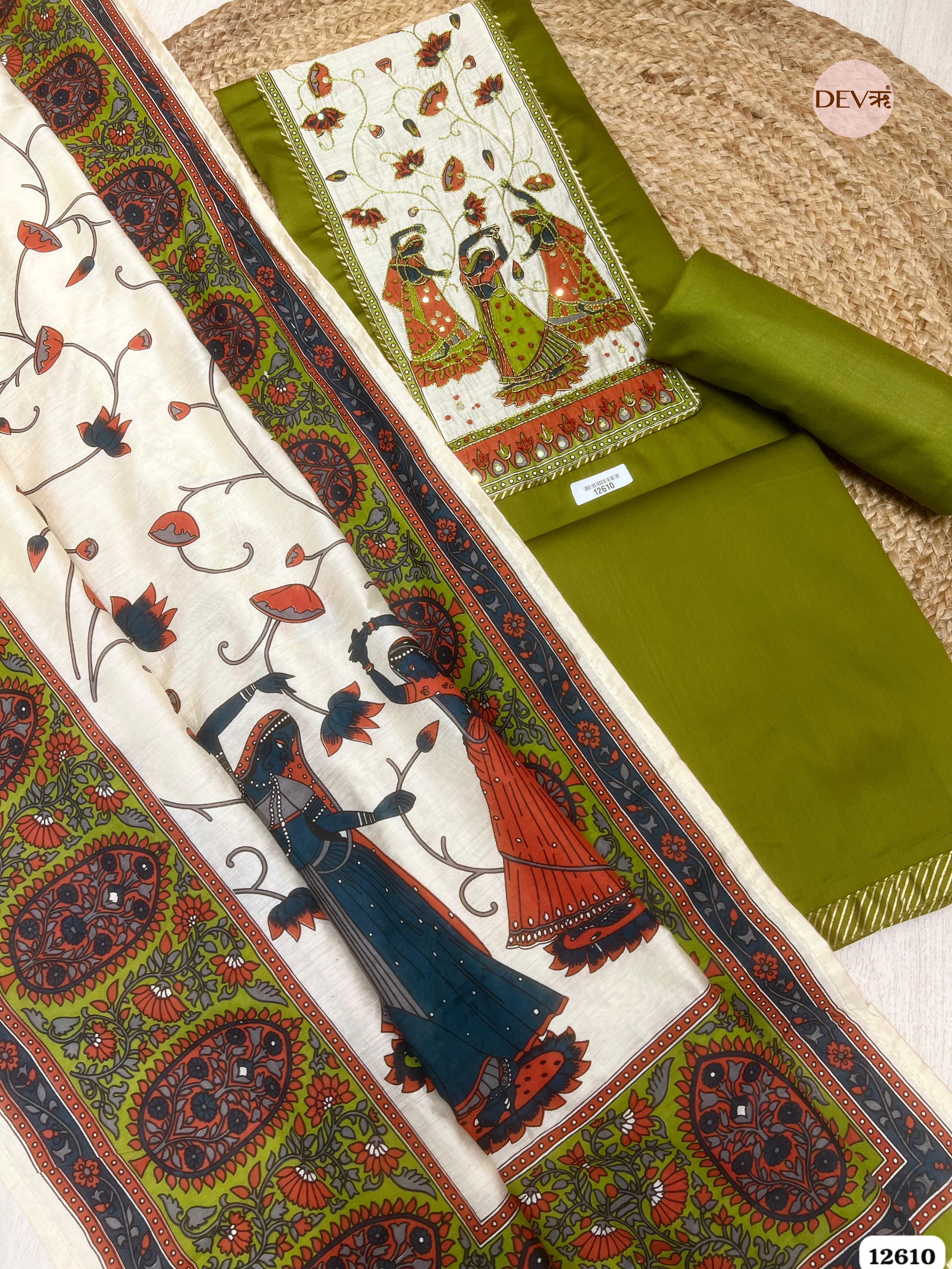 Mehendi Green Glace Cotton Hand Painted Unstitched 3-Piece Suit (Devri – D.No 12610)
