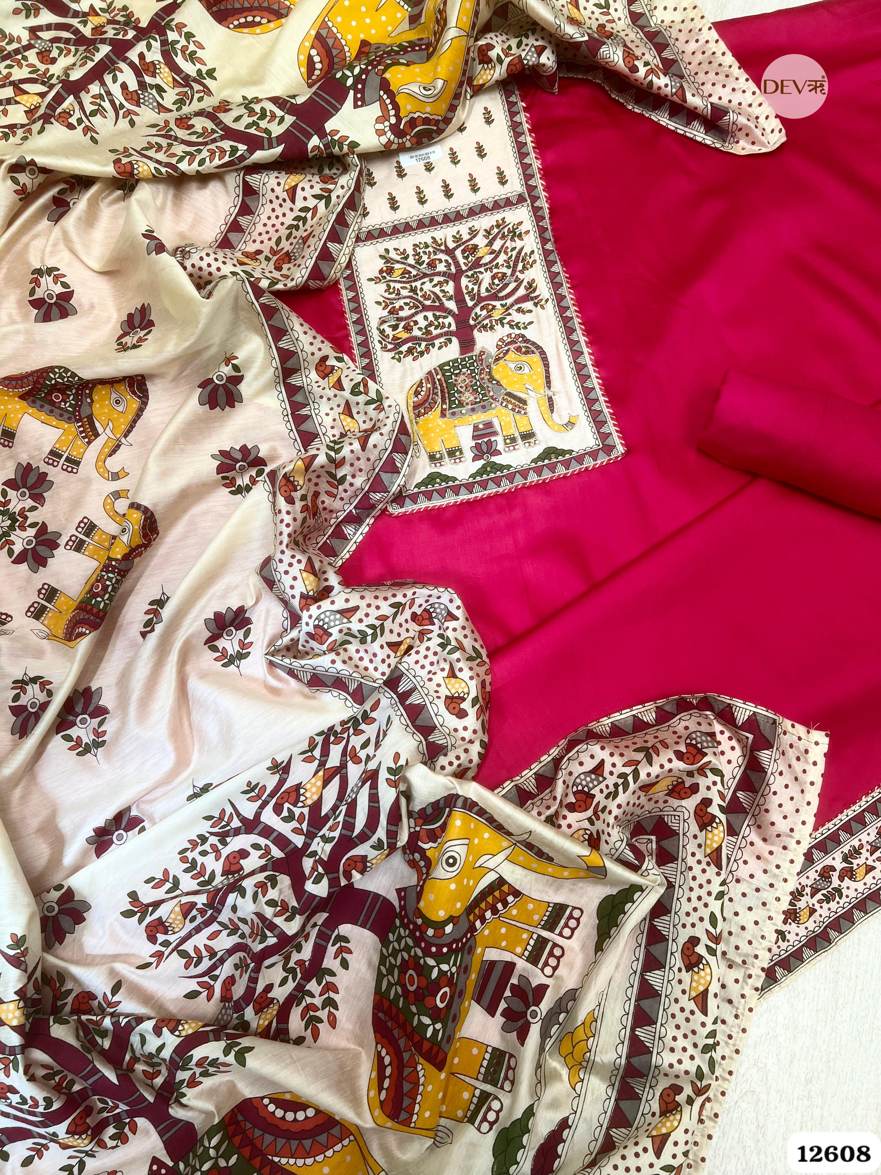Magenta Pink Cotton Embroidered Unstitched 3-Piece Suit (Devri – D.N. 12608)