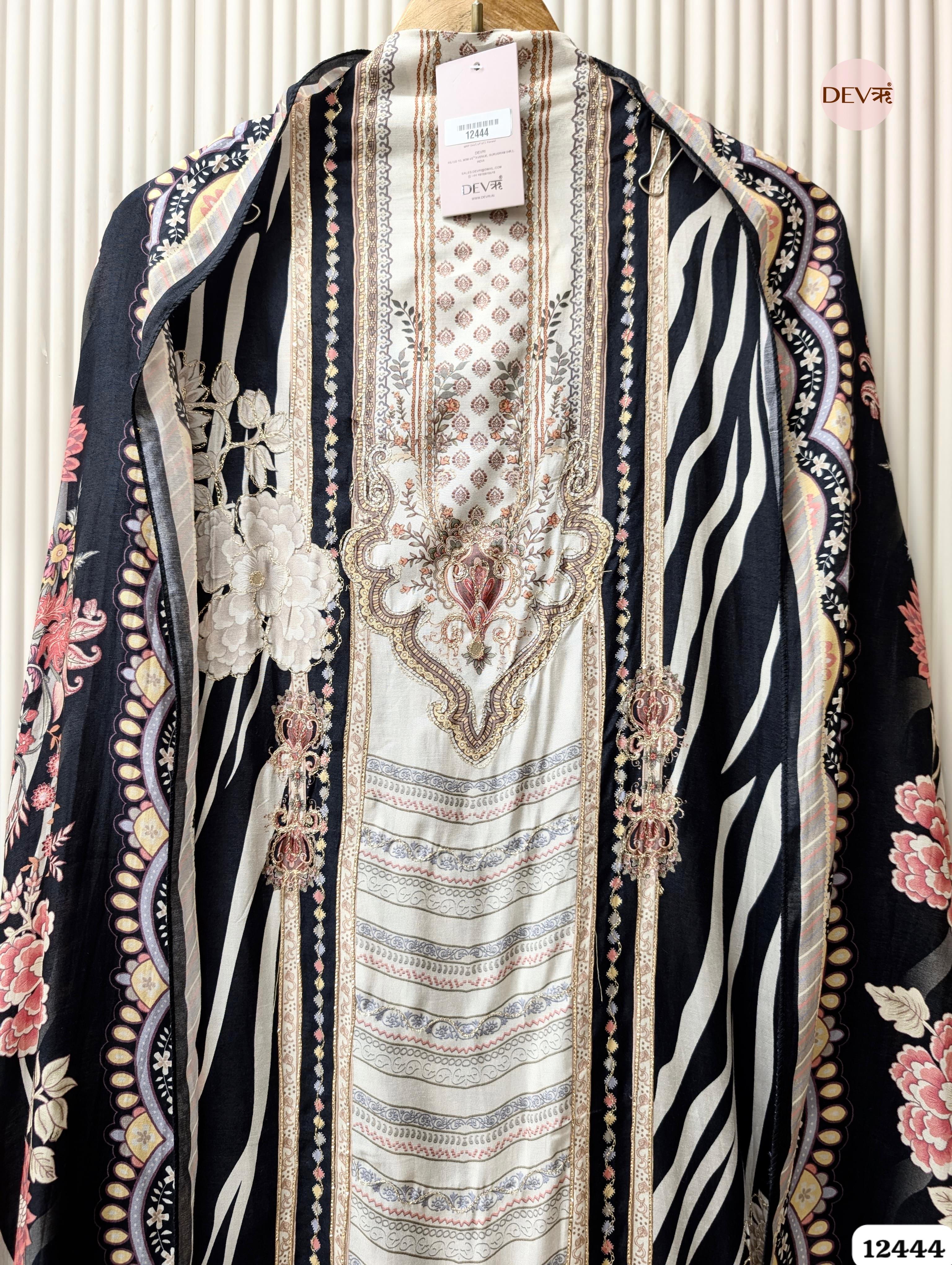 Black & Ivory Muslin Digital Printed Unstitched 3-Piece Suit (Devri – D.No 12444)