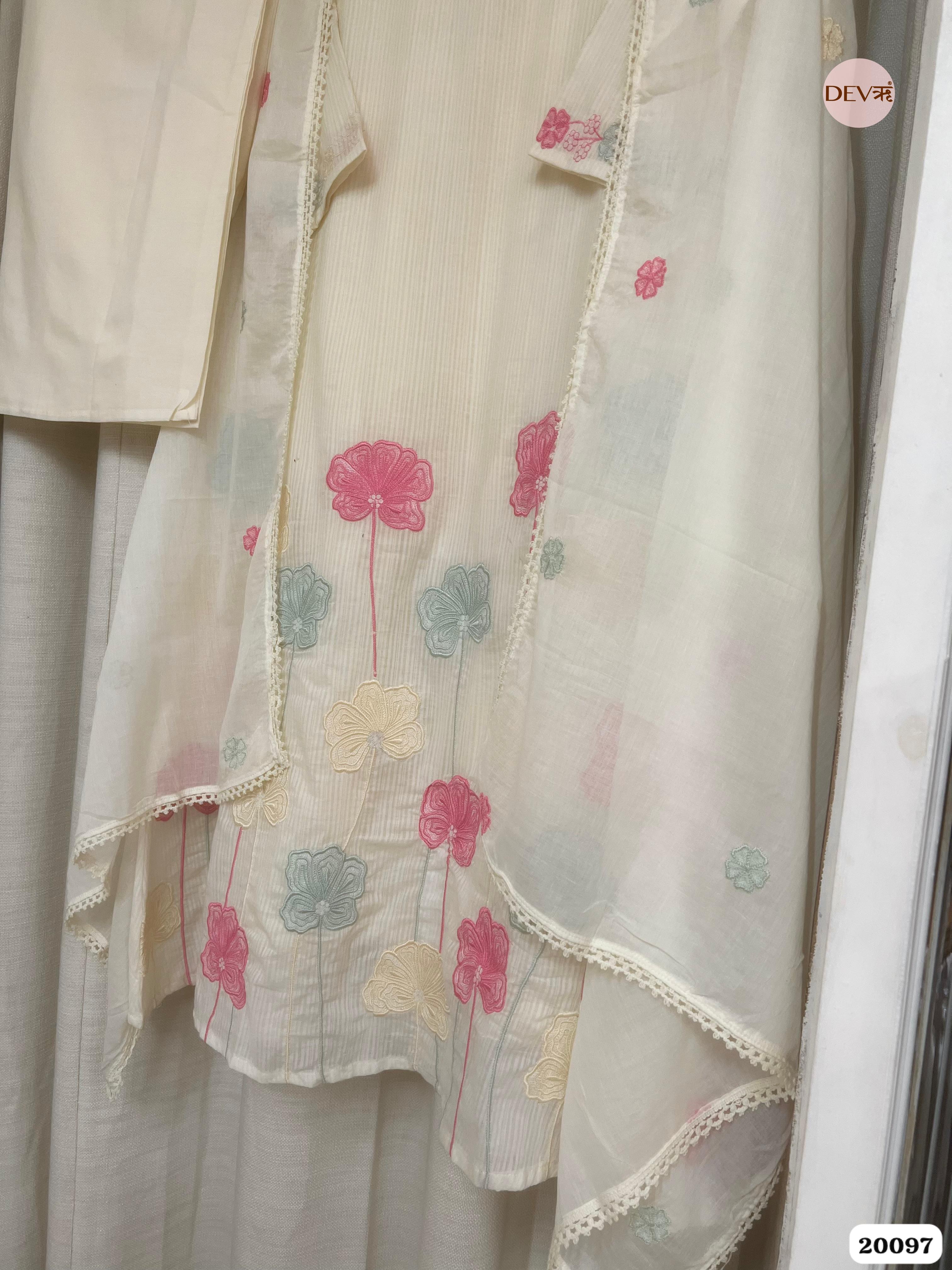 Kaveri Pure Cotton Embroidered Ivory 3-Piece Set (Devri – D.No 20097)