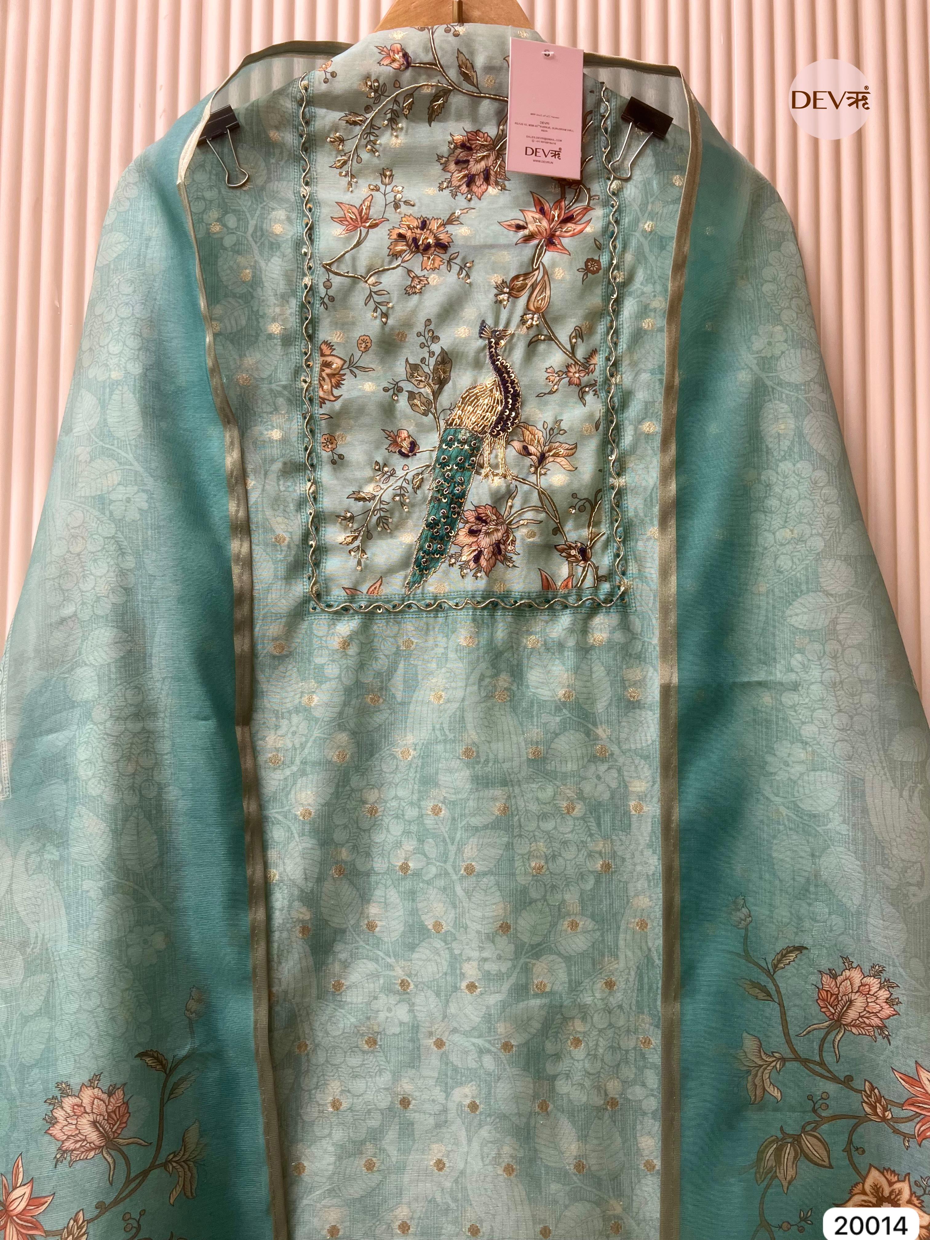 Sea Green Pure Chanderi Hand Embroidered Unstitched 3-Piece Suit (Devri – D.No 20014)