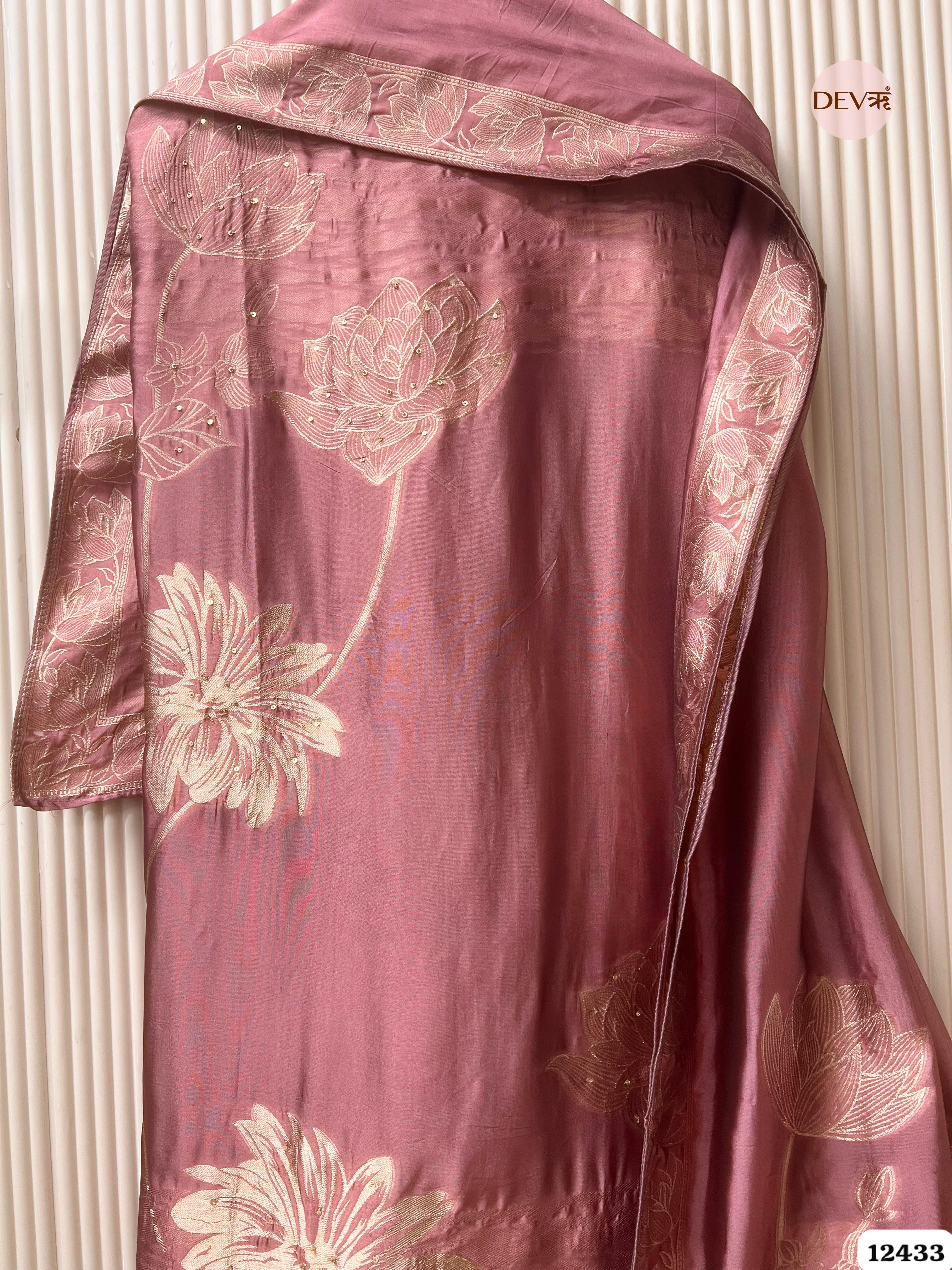 Dusty Rose Banarasi Silk Embroidered Unstitched 3-Piece Suit (Devri – D.No .12433)