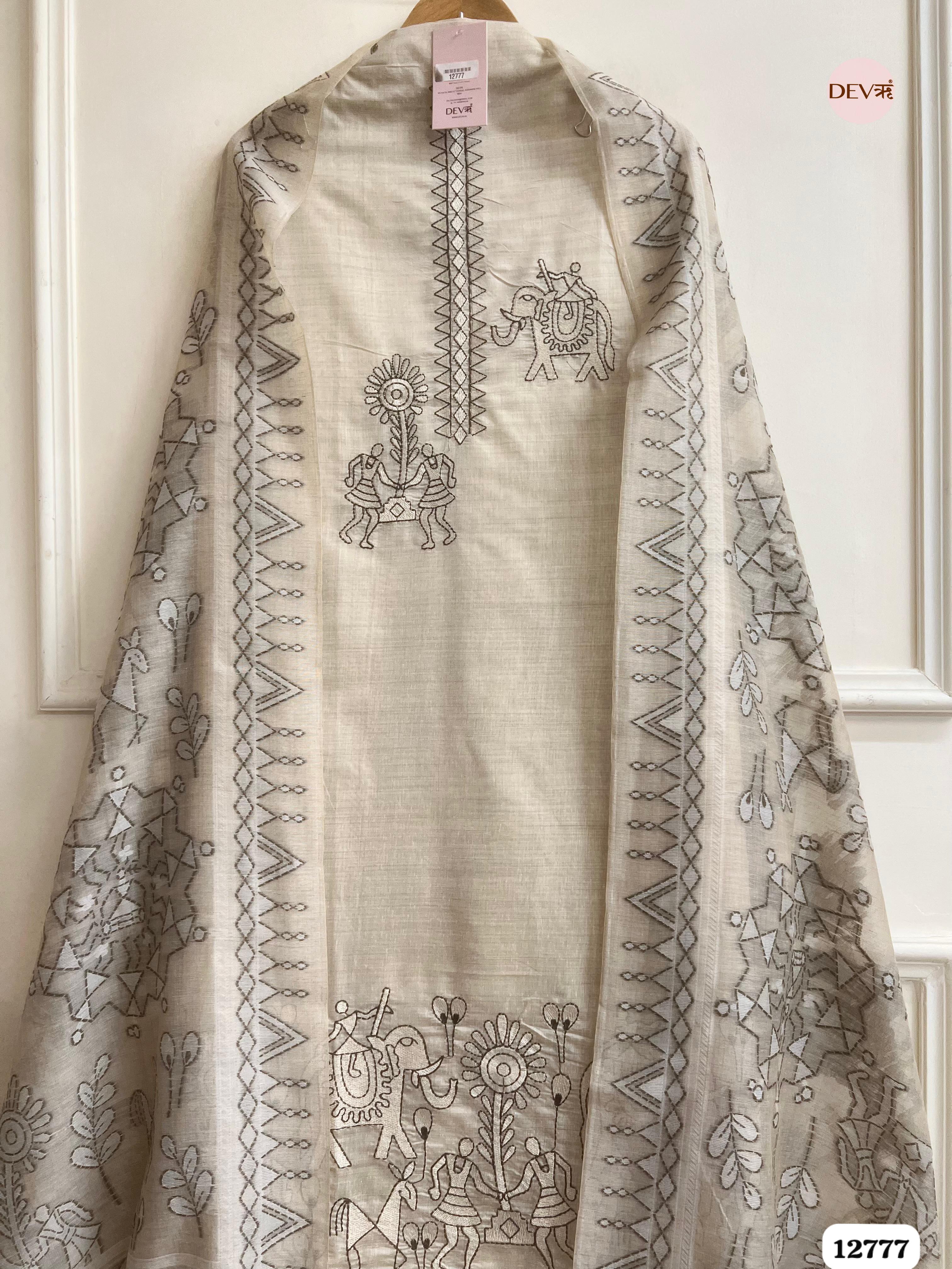 Ivory Mul Chanderi Embroidered Unstitched 3-Piece Suit (Devri – D.No 12777)