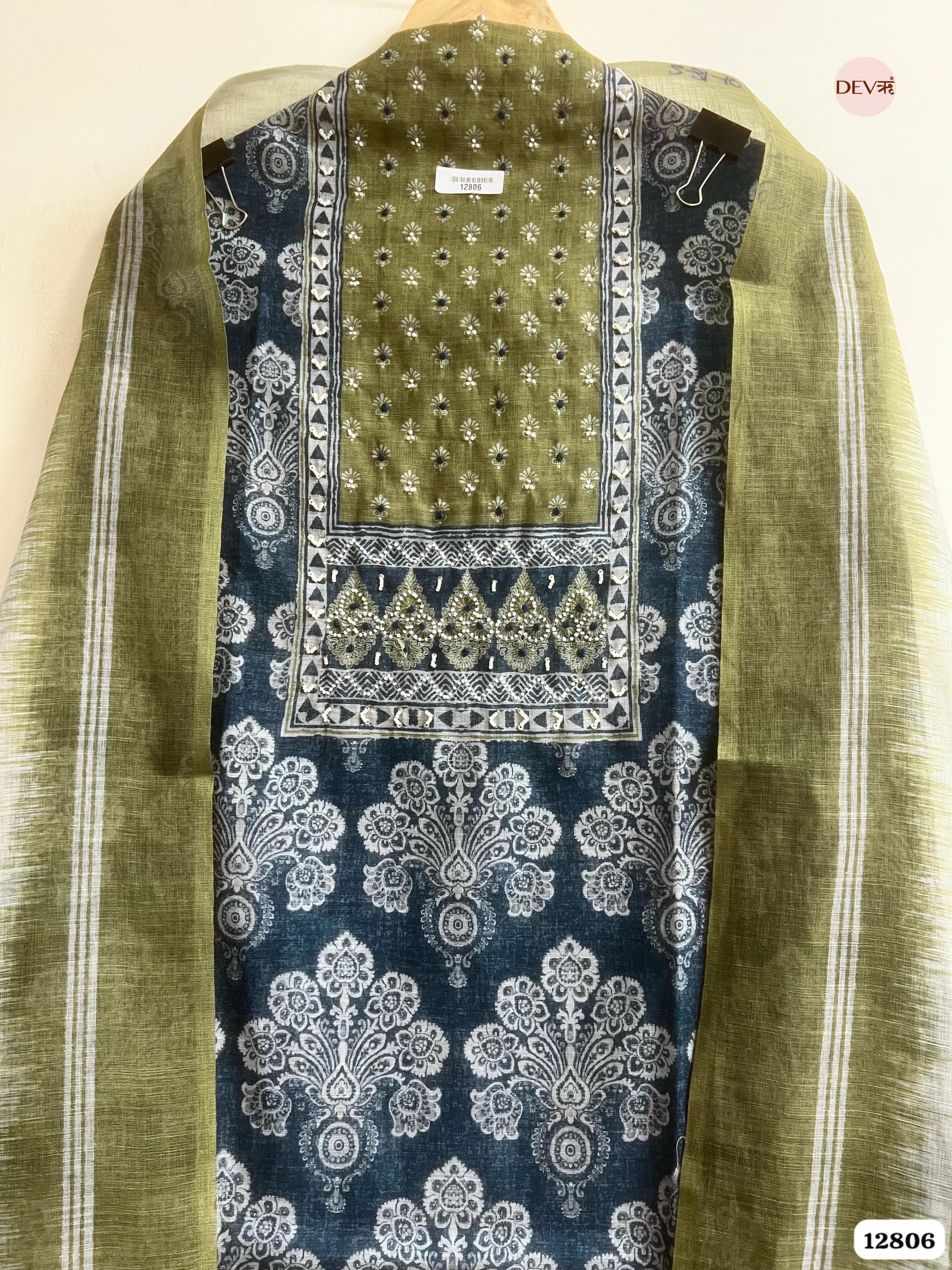 Olive Linen Cotton Printed Unstitched 3-Piece Suit (Devri – D.No 12806)